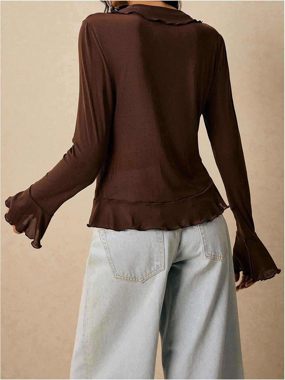 Floerns Women's Ruffle Tie Front Bell Sleeve Tops V Neck Fall Outfit Going Out T Shirts - Image 3