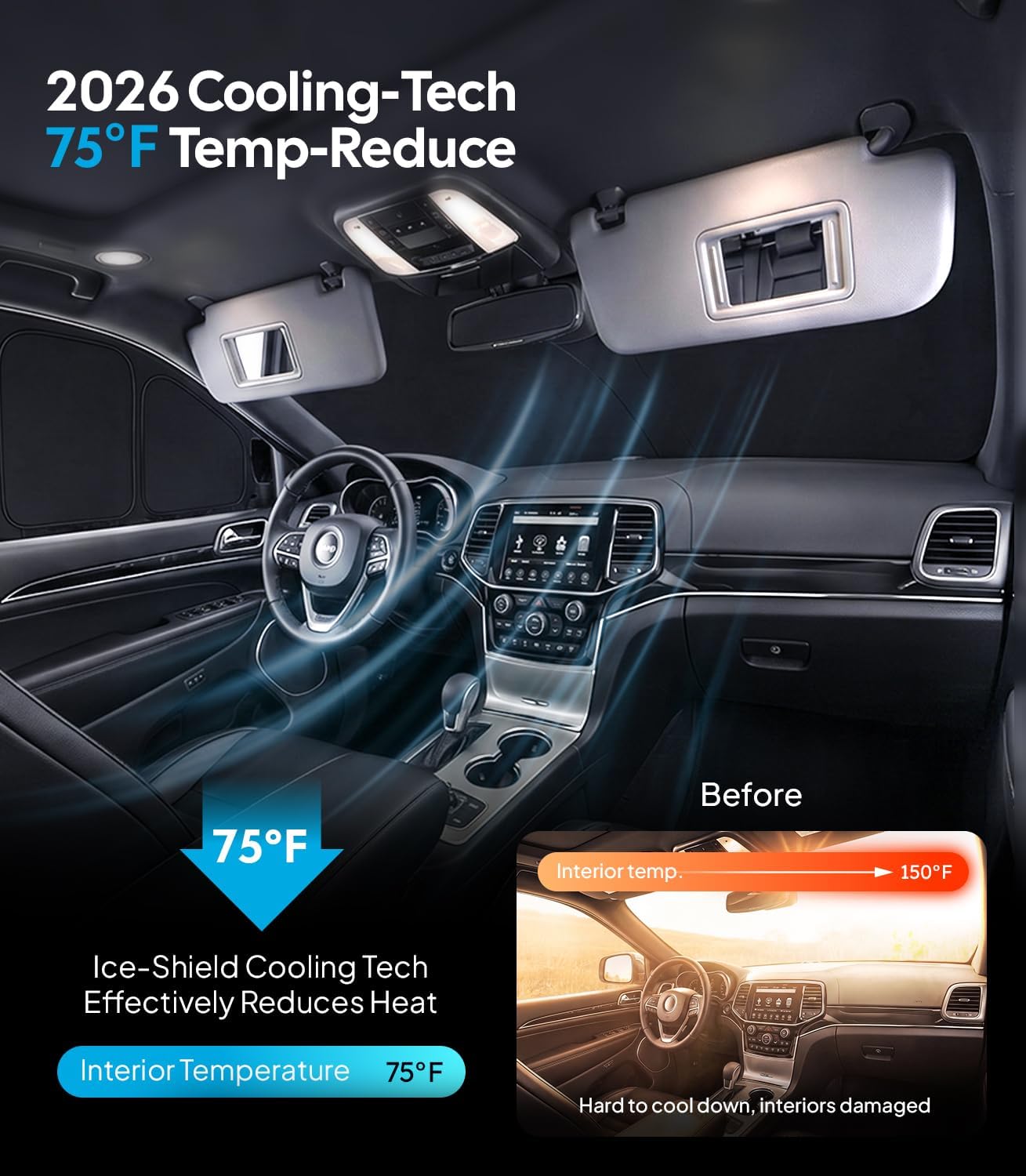 Wigoo 2026 Upgrade 8PCS Full Set Window Sunshade for Jeep Grand Cherokee 2011-2021 [7-Layer Cooler & Blacker, Ice-Crystal Tech] with Windshield for Sun Block, Baby, Camping, Privacy Napping, Relax