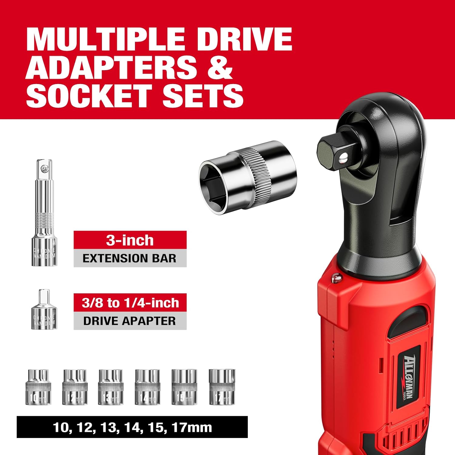 Alloyman 3/8" Cordless Ratchet Wrench Set, 60FT-LBS(80N.m) Electric Ratchet, 2 X 20V Chargeable Power Ratchet Wrench Set with Variable Speed, LED Light, 6 Sockets, 1/4" Adapter, 3" Extension Rod image 5 of 8 B0F5V4B29J