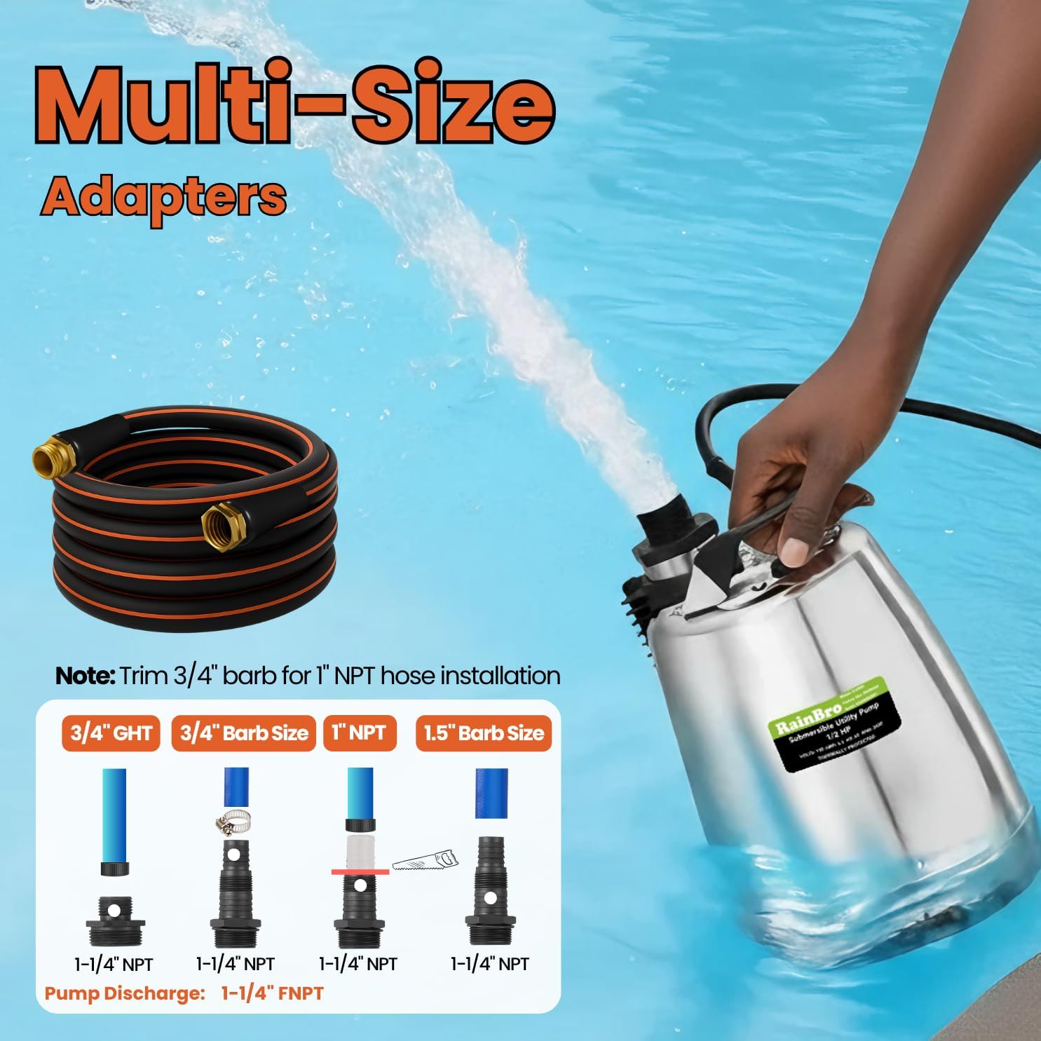 Sump Pump Submersible With 10Ft. Garden Hose, Water Pump, Portable Utility Pump, 25-Foot Cord, Ideal for Swimming Pool, Garden Pond, Hot Tub, and Flood Basement Draining