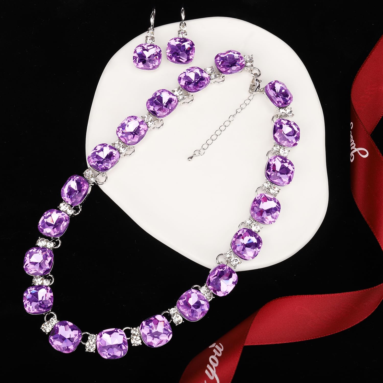 Clear Purple Austrian Crystal Wedding Bridal Jewelry Set for Brides Bridesmaid, Gemstone Statement Necklace and Earring Set Formal Prom Jewelry Set for Silver-Tone Fit With Wedding Evening Dress - Image 6