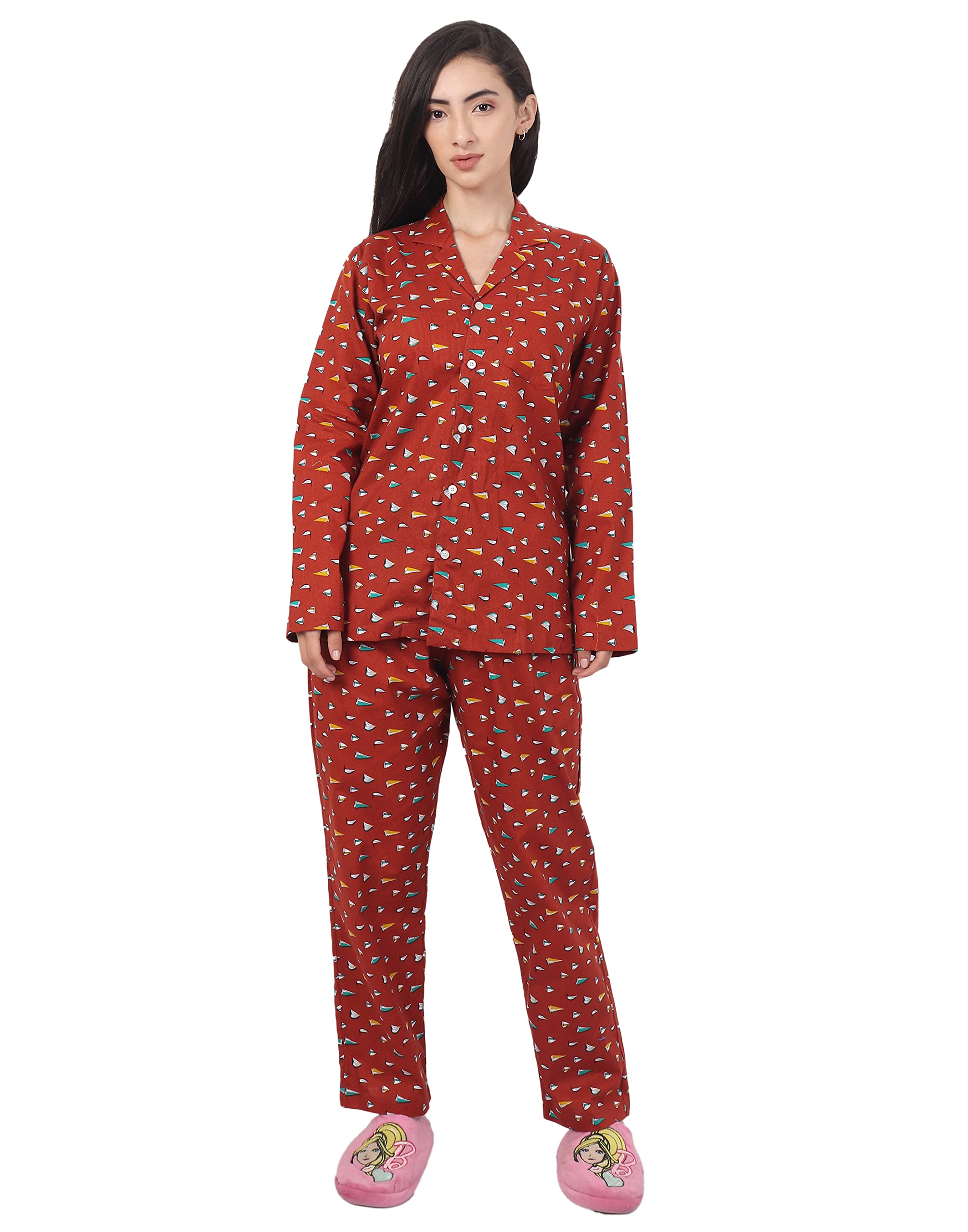 Unisex Printed Brown Night Suit Pyjama Set (Get Free Face Mask Inside) (pmw110)-image-33