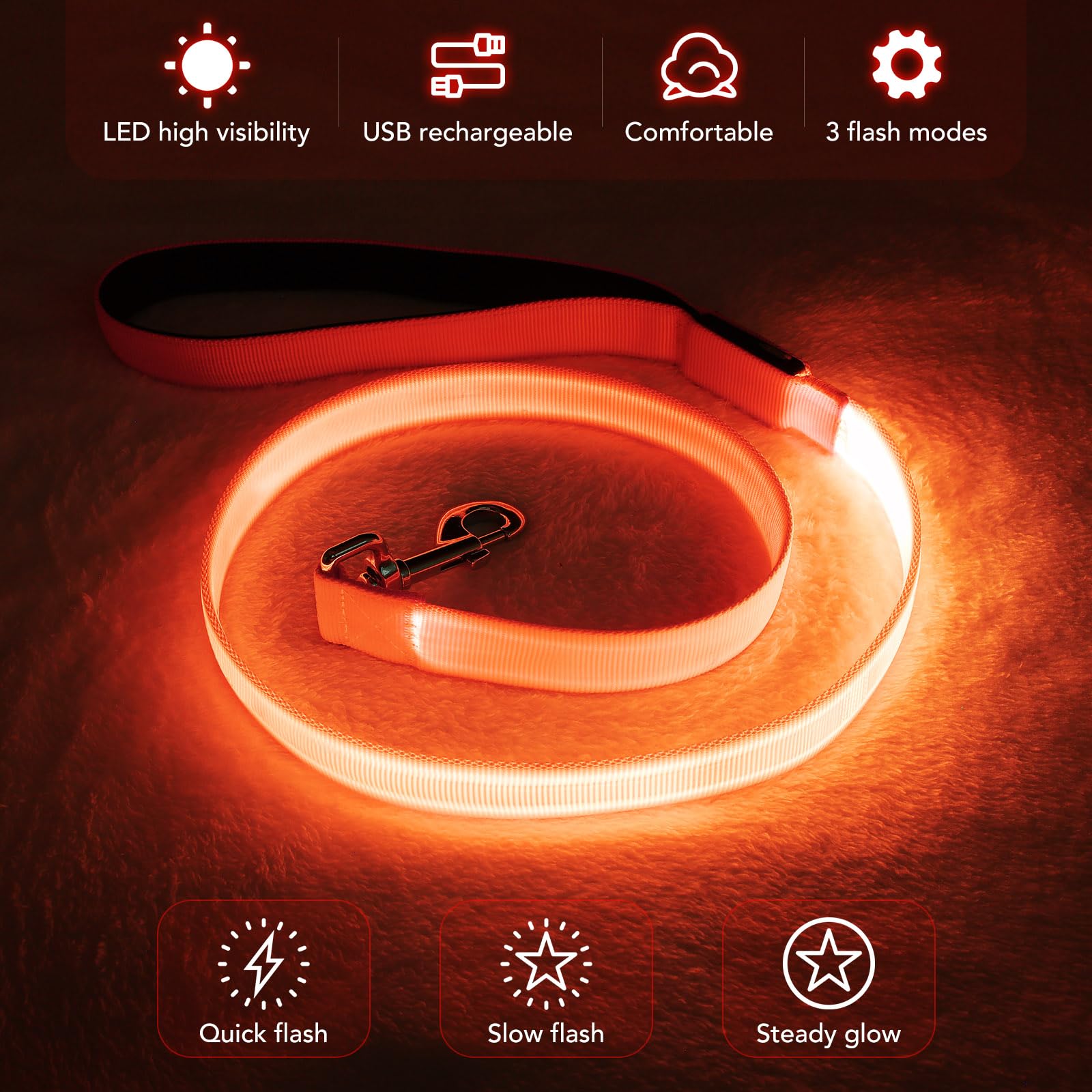 Correa LED para perro, correa de nailon recargable micro USB, correa de seguridad estándar para perros de 4 pies (naranja)