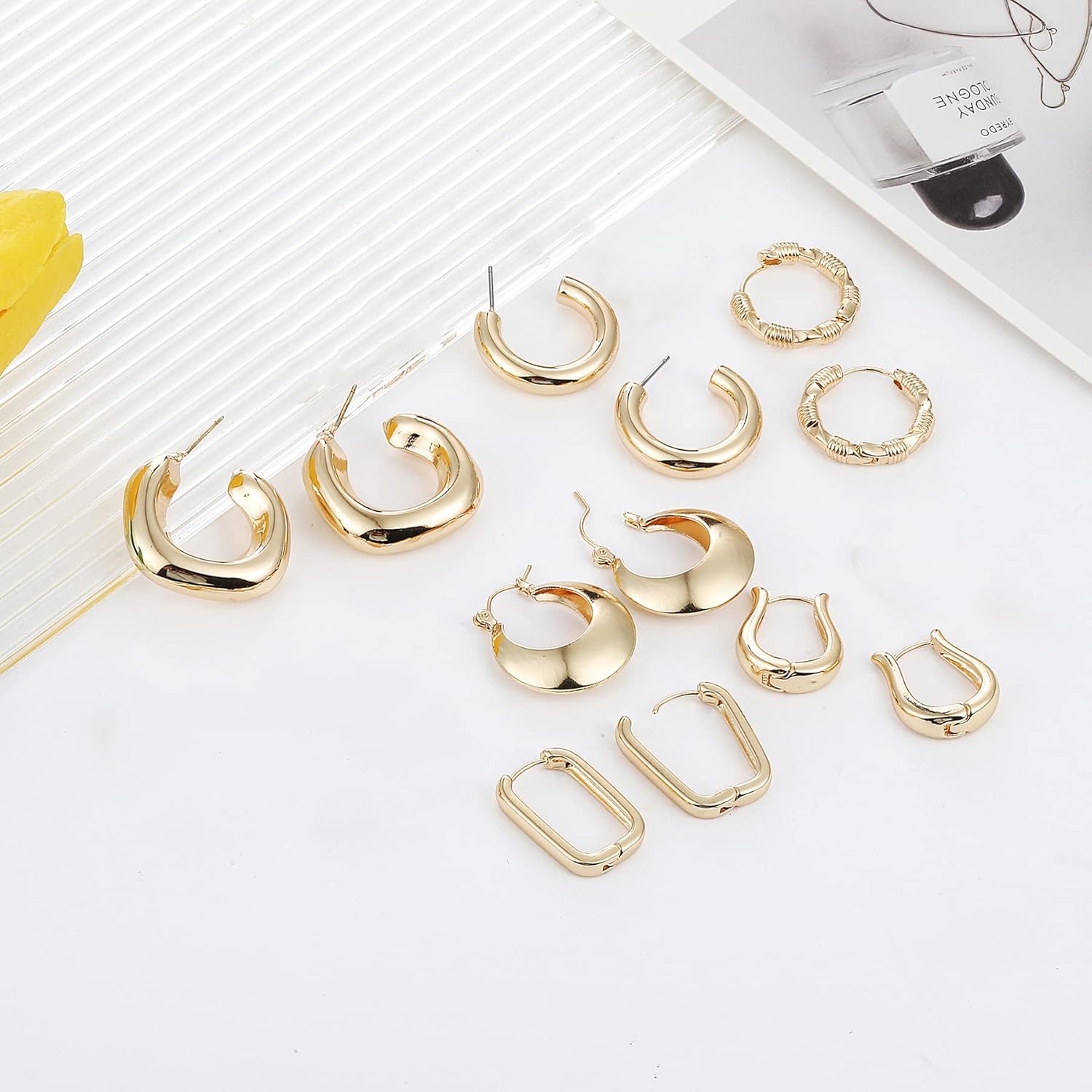 6 Pairs 14K Gold Plated Hoop Earrings for Women Lightweight Chunky Hoop Earrings Multipack Hypoallergenic, Thick Open Twisted Huggie Hoops Earring Set Jewelry for Gifts. - Image 6