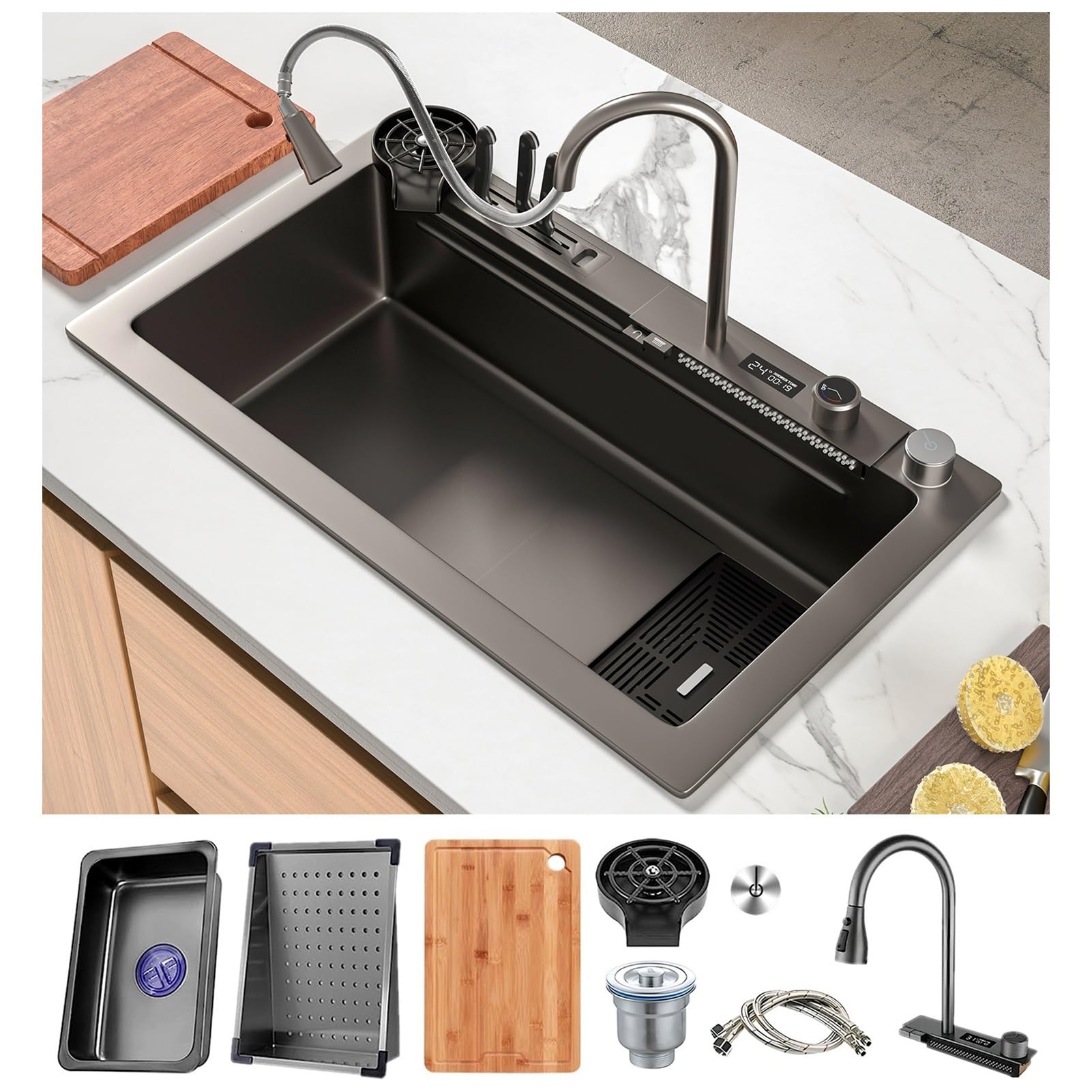 ZQFHSX Premium Stainless Steel Kitchen Sink with Pull-Out 3-Mode Faucet, Cup Washer, Wide Waterfall Spout, Large Bar Workstation Sink, Full Drainage System, Nano-Coated(A,75x45x22cm)