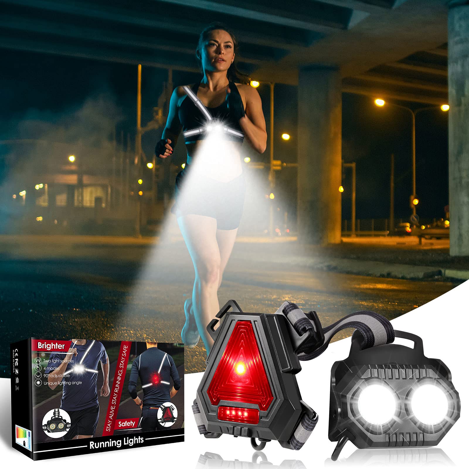 ALOVECO Night Running Lights, Rechargeable LED Chest Light Back Warning Light with 4 Lighting Modes 90° Adjustable Beam for Camping, Hiking, Running, Jogging, Outdoor Adventure