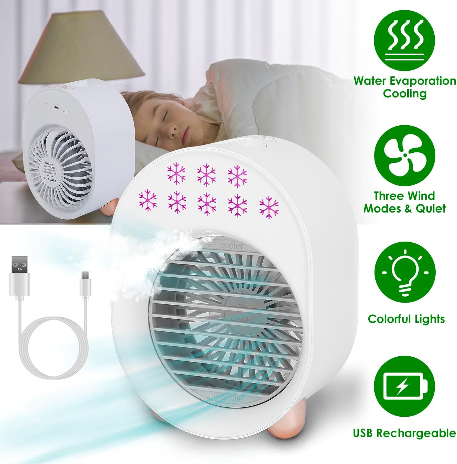 Portable Air Conditioners Fan, 4 In 1 Portable Desktop Air Conditioner Fan Water Mist Cooling Fan USB Rechargeable Evaporative Air Cooler 3 Wind Modes for Bedroom, Car, RV, Camping