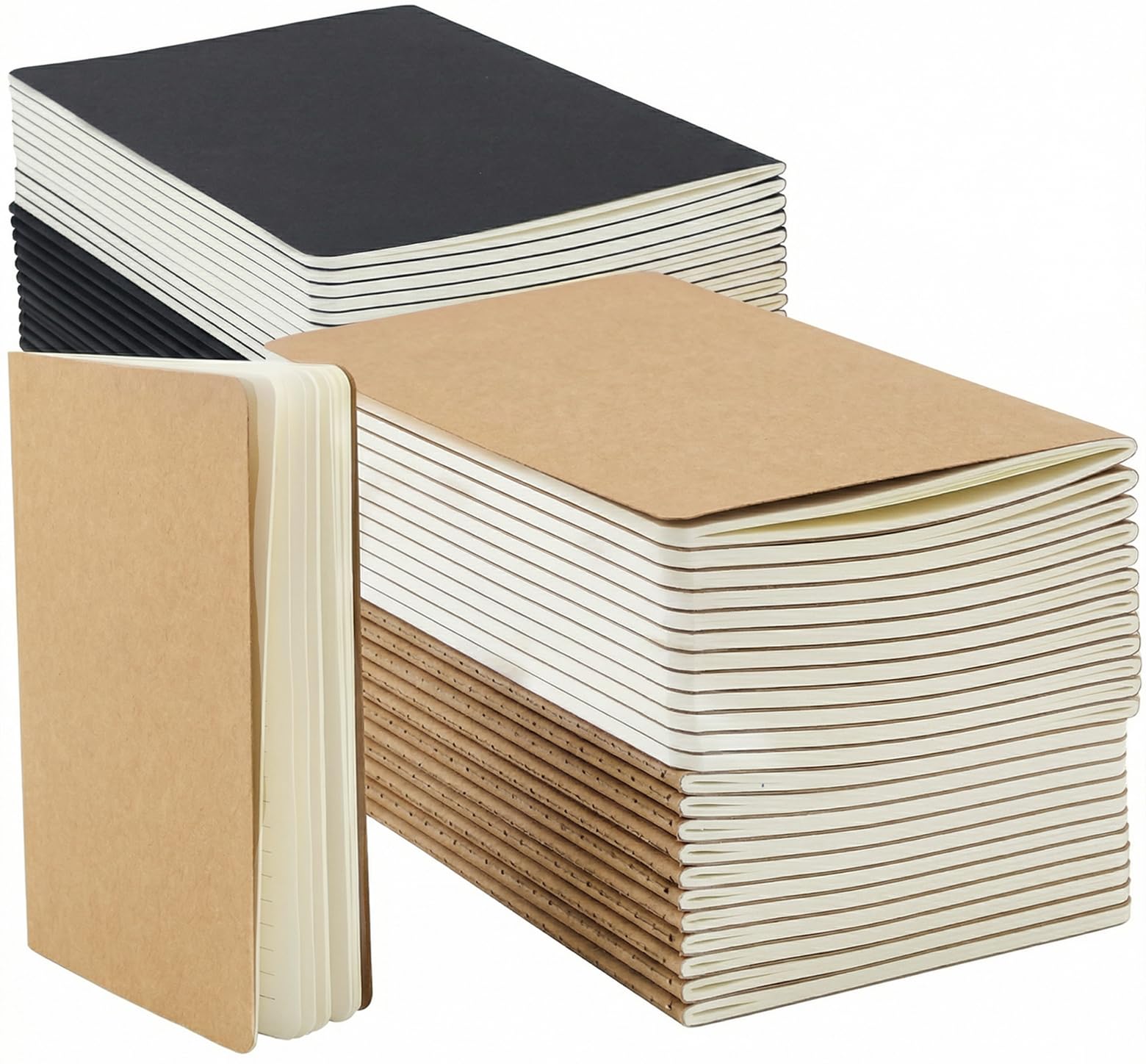Paquete de 50 cuadernos de papel kraft, diario rayado A5, cuaderno de viaje con rayas universitarias, 5.5 x 8.3 pulgadas, 60 páginas/30 hojas, 25 cubiertas negras y 25 cubiertas marrones