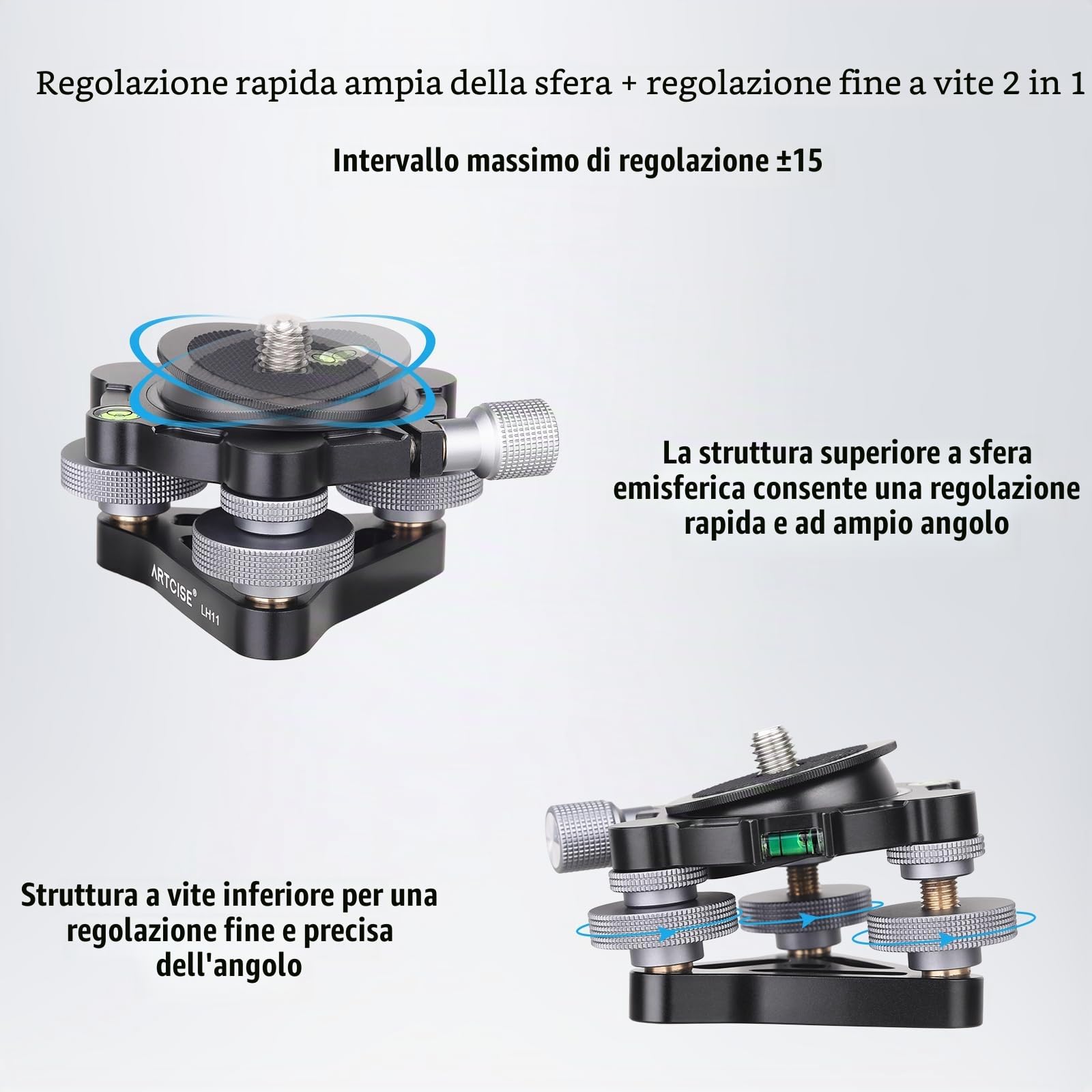 Base di livellamento a tre gambe con diametro ∅85mm, testa di livellamento con inclinazione -15°/+15°, con 3 livelle a bolla e 3 ruote - regolazione di precisione -5°/+5°: carico massimo: 15kg