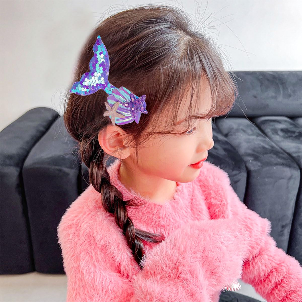 6 pinzas para el pelo de sirena para niñas, lentejuelas aurora, cola de pez, horquilla de lentejuelas de estrella de mar, accesorios para el cabello multicolor brillante para niñas pequeñas, niños y 6