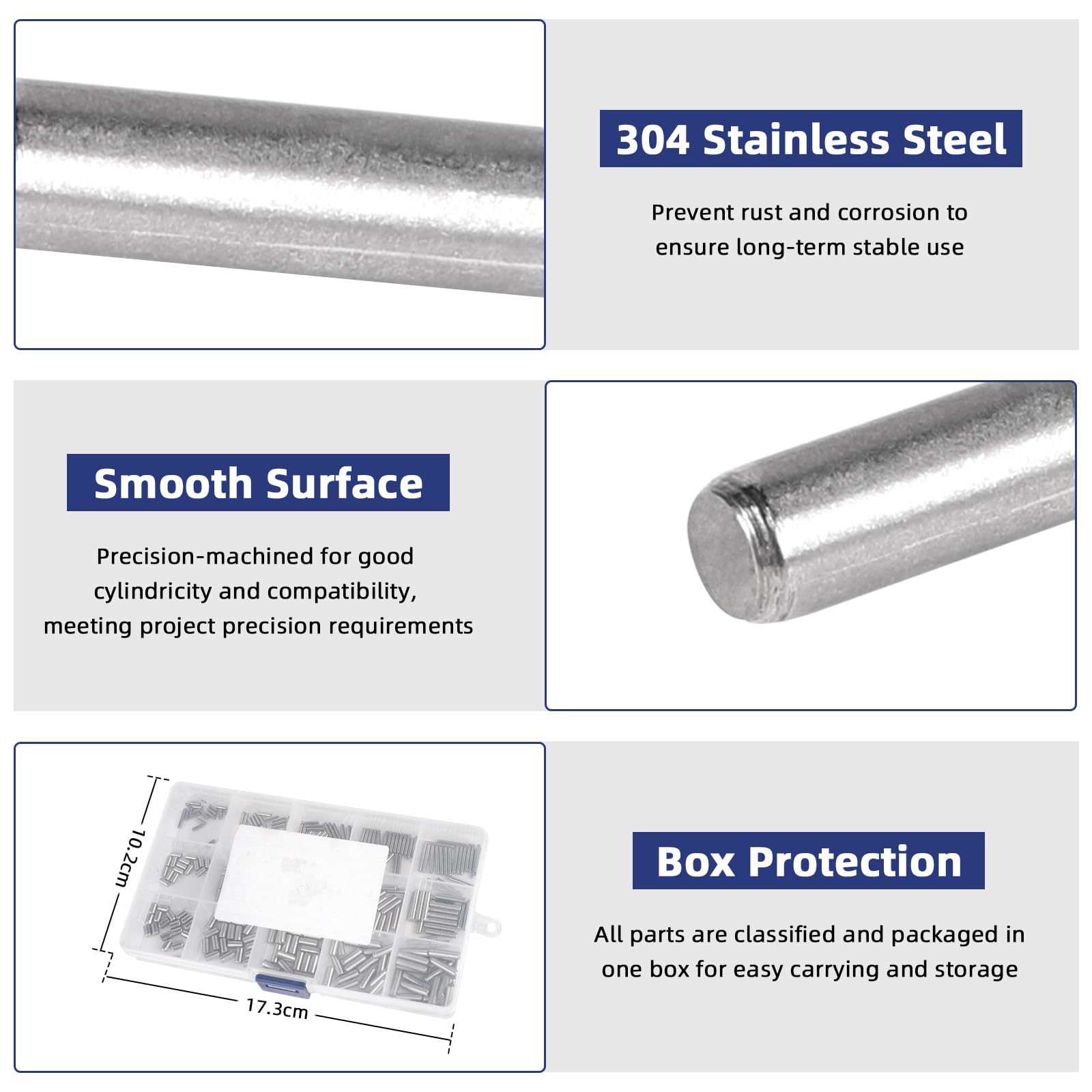 Kit di 300 Spinotti cilindrici M2/M3/M4 in acciaio inox 304 Perni meccanici, Perno supporto per scaffali, Perno di centraggio con scatola per assemblaggio industriale, scaffalature e mobili