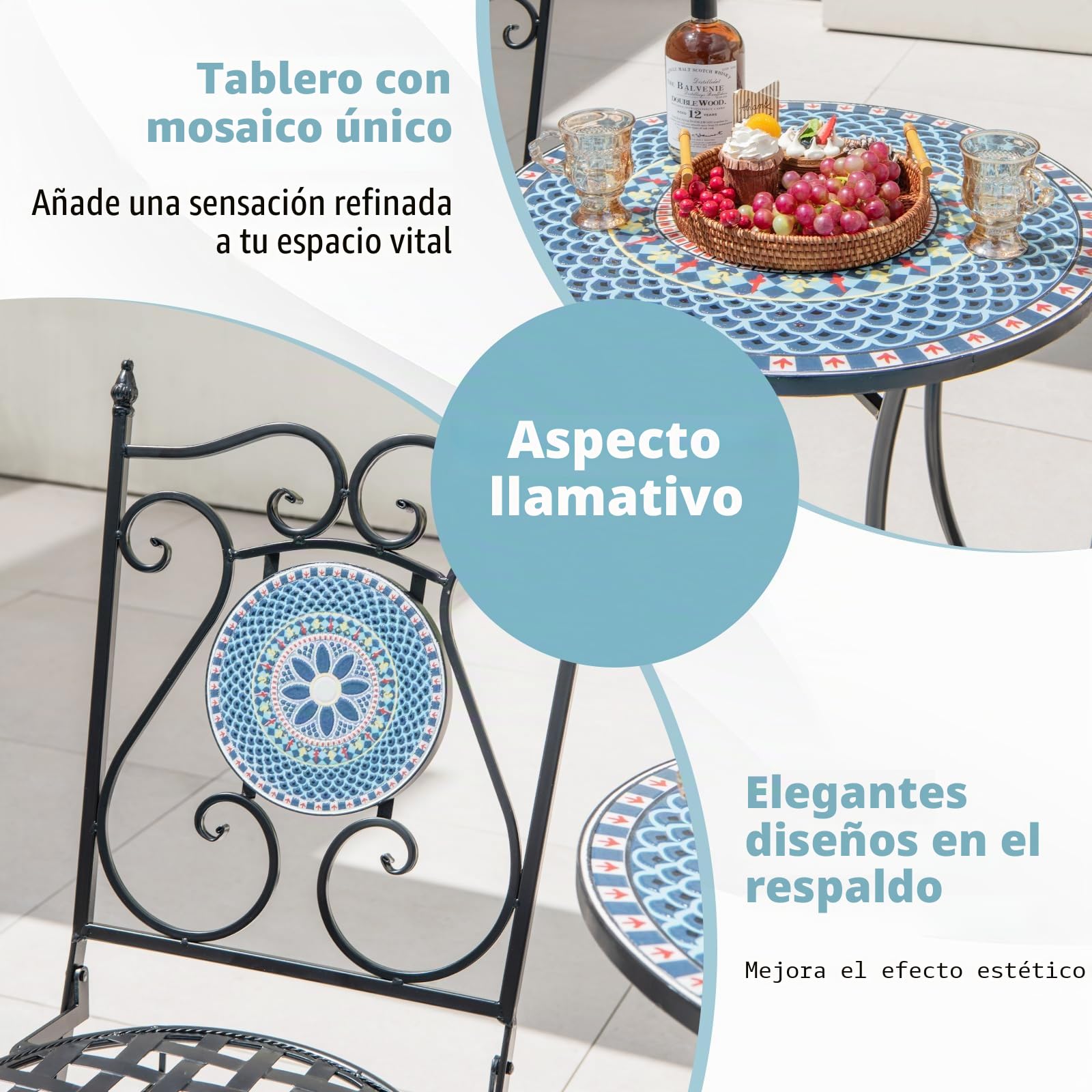 GIANTEX Juego de 2 Sillas de Mosaico para Exterior, Sillas de Bistro con Asiento y Respaldo Ahuecados, Marco de Metal, Conjunto de Sillas Plegables con Patrones de Mosaico para Terraza, Patio, Jardín