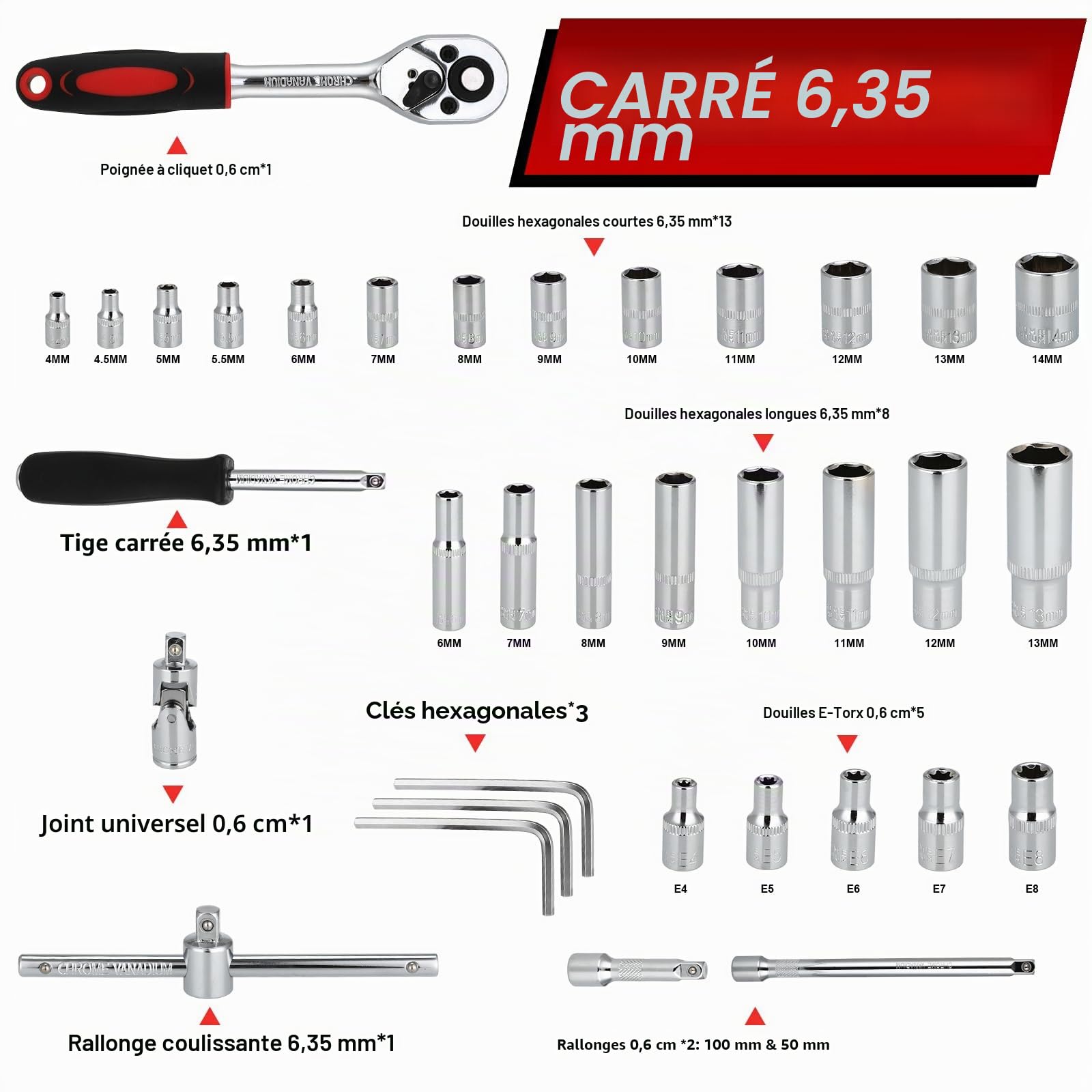 TLGREEN Ensemble de 108 pièces de clés à douille Cr-V avec 1/4" et 1/2" à 72 dents, clé à cliquet réversible à six pans, embouts de clé à douille pour voiture, moto, vélo, usage domestique
