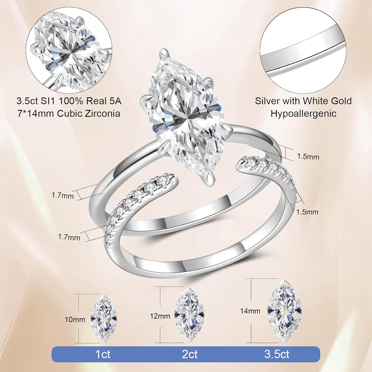 3.5CT Marquise Cut Engagement Ring Set for Women, Wedding Promise Cubic Zirconia Band, 14K Gold/White Gold Plated Stackable Adjustable Bridal Half Eternity Open Rings, Size 5-9 - Image 3