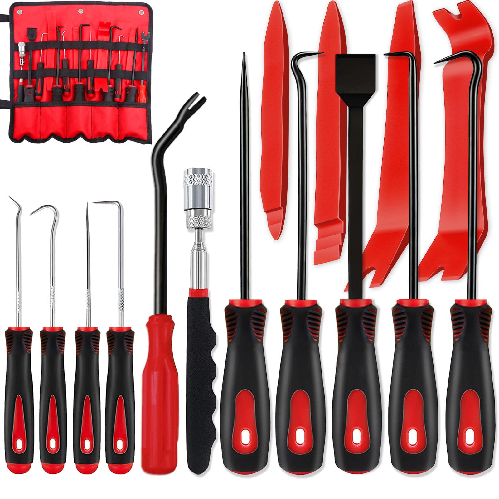 KEZE 15Pcs Carbon Steel Precision Pick & Hook and Trim Removal Tool Set with Scraper and Magnetic Telescoping Tool Kit for Remove Automotive Electronics Maintenance Hoses Gasket Hand Pick Up Tools