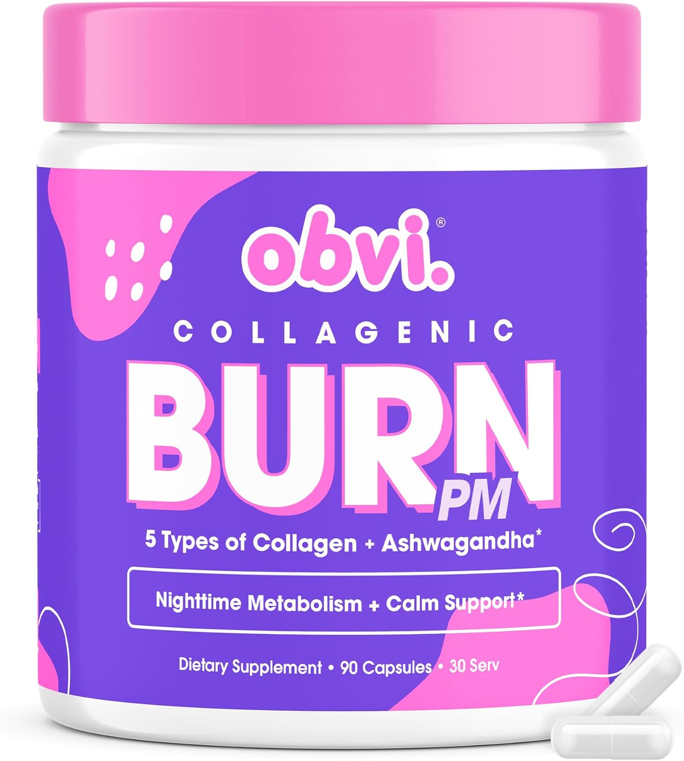 Obvi Collagenic Burn PM | Nighttime Collagen with Ashwagandha, GABA & Melatonin | Multi-Type Collagen | 90 Capsules