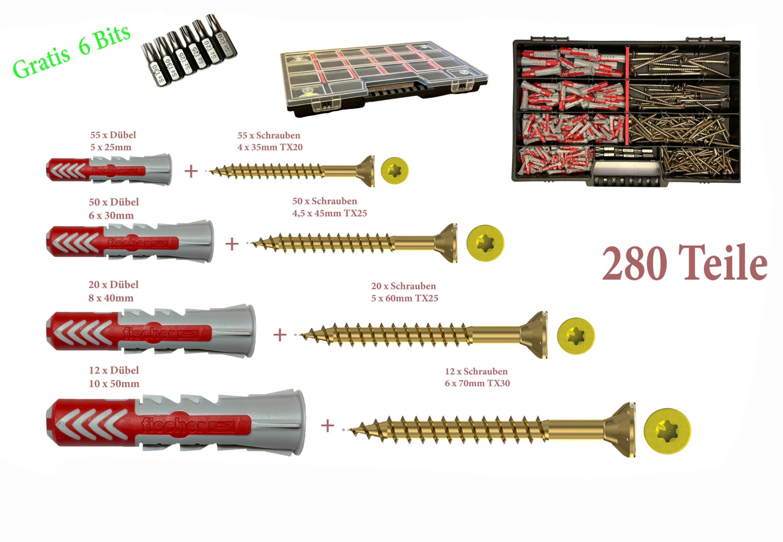 Fischer Set di tasselli da 280 pezzi, con viti Torx, 6 punte e robusta valigetta – 5 x 25, 6 x 30, 8 x 40, 10 x 50 mm, set di viti e tasselli di alta qualità, ideale per fai da te e professionisti