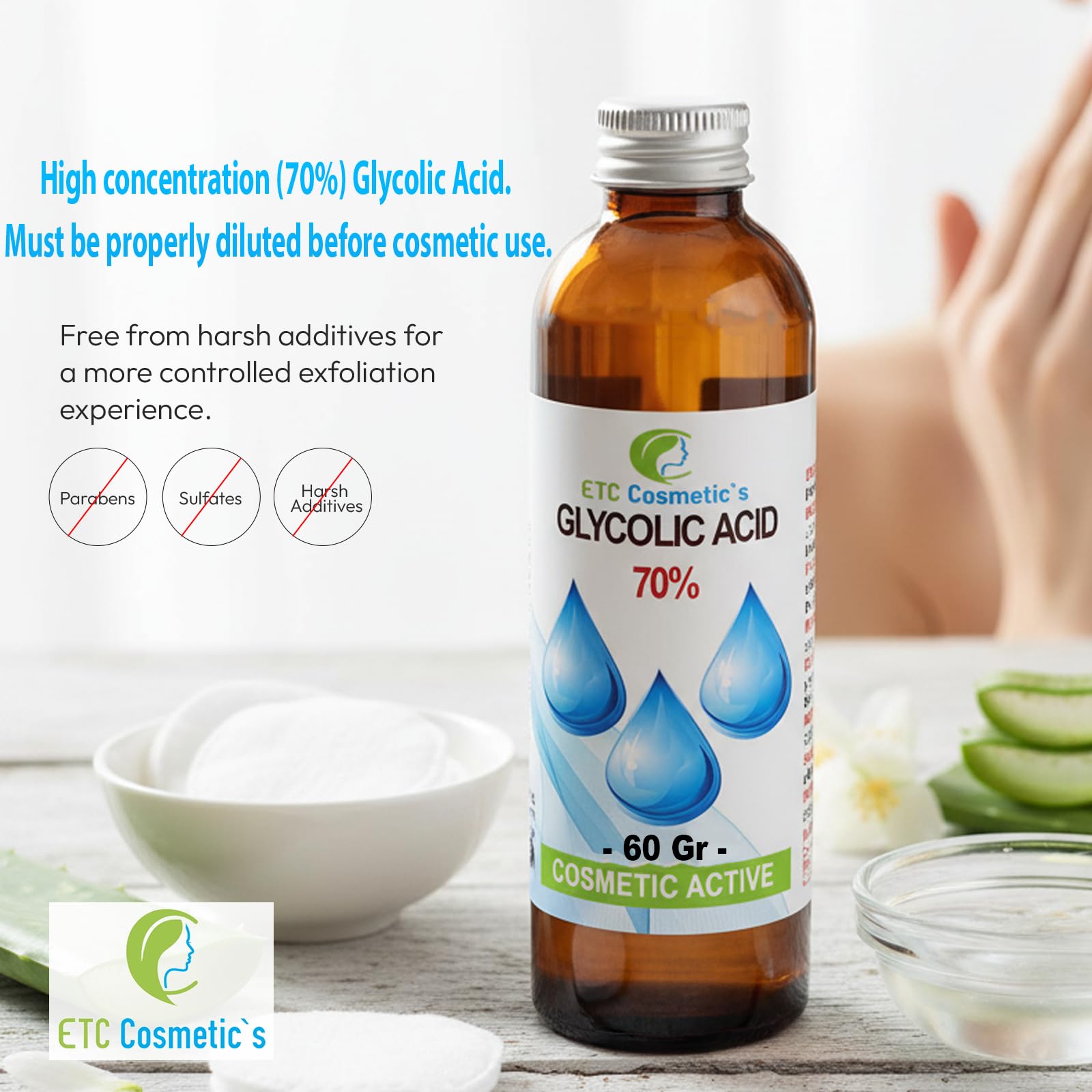 Acido glicolico - 60 gr - 70% Soluzione esfoliante AHA ad alta potenza | Formula per un profondo rinnovamento della pelle e una texture più definita | A base d'acqua