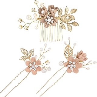 3pcs Flower Tassel Hair Pins, Vintage Chinese Rhinestones Pearl Hair Sticks, Floral Bun Updo Hair Comb Clip, Bridal Headpiece for Women Wedding, Parties - Pink