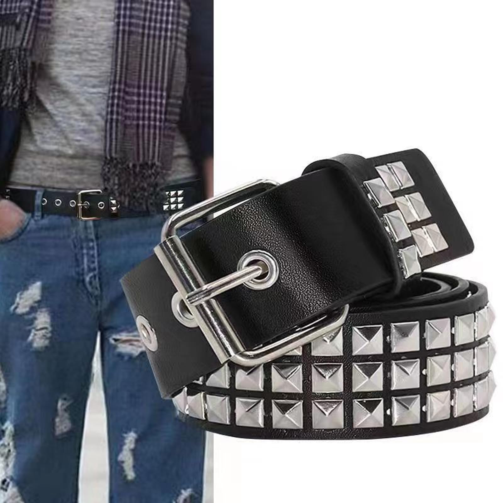 Y2k pasek z nitami, gotycki, skórzany pasek, metalowy pasek z nitami, punk-rockowy, skórzany pasek do spodni dżinsowych Rockwear (czarny)