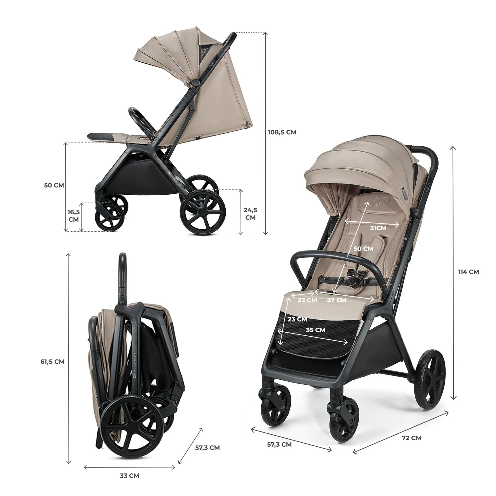 Kinderkraft LOOM Kompakter und leichter Buggy, automatisches Zusammenklappen, große pannensichere Räder, verstellbare Rückenlehne, ab Geburt bis 22 kg, Beige