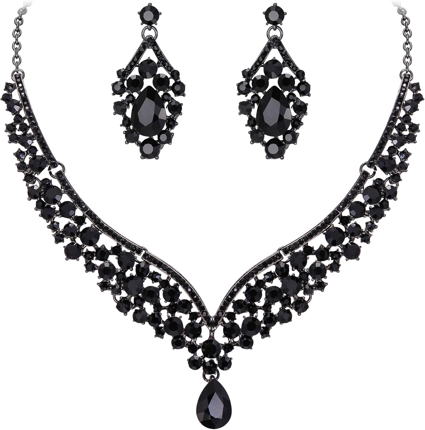EVER FAITH Wedding Jewelry for Bride Austrian Crystal Elegant V-Shaped Teardrop Bridal Prom Statement Necklace Earrings Set for Women