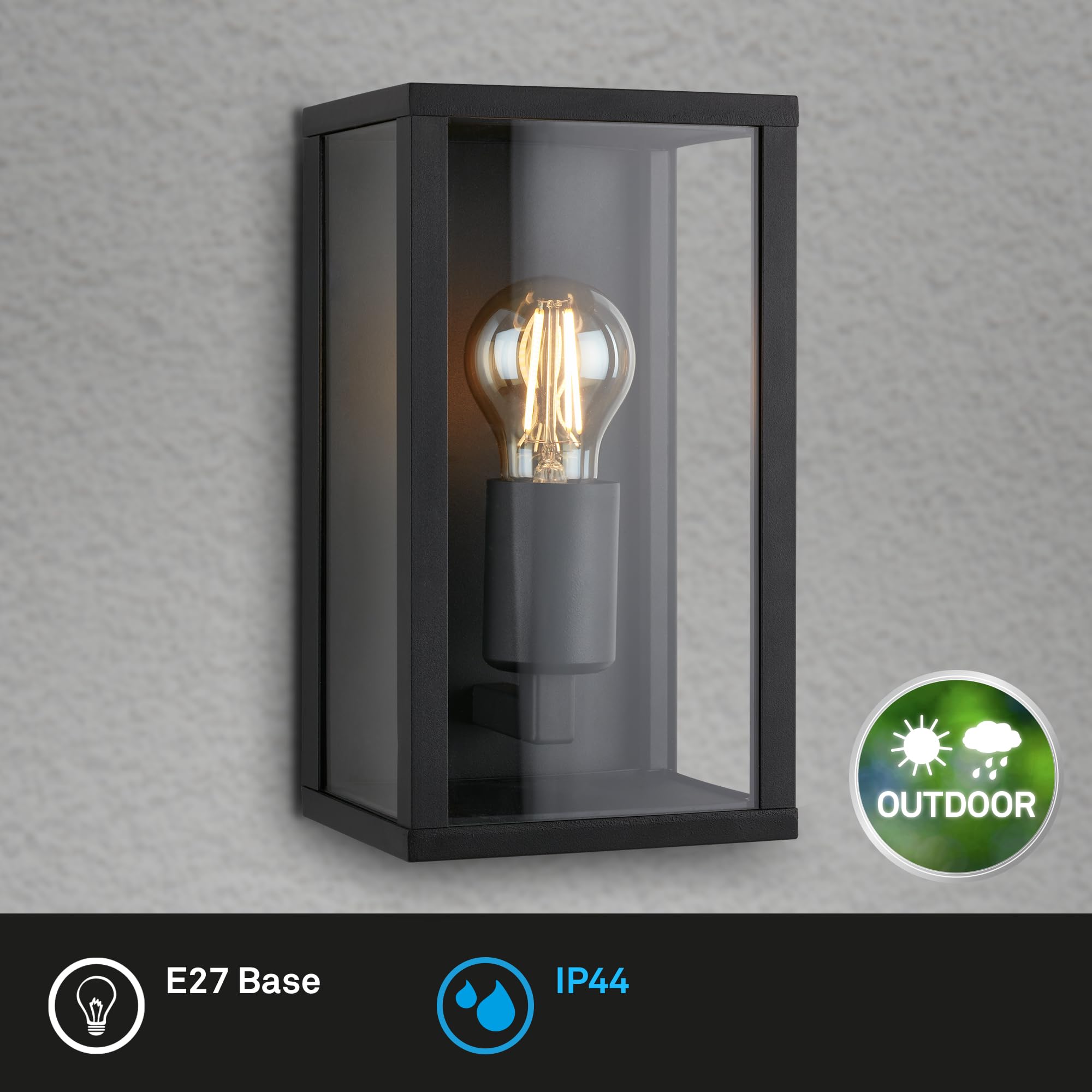 BRILONER, Outdoor Wall Light in Glass Pane, IP44 Water-Resistant, E27 max. 12W, 26x14x13.5 cm, Outdoor Wall Lights - Image 3