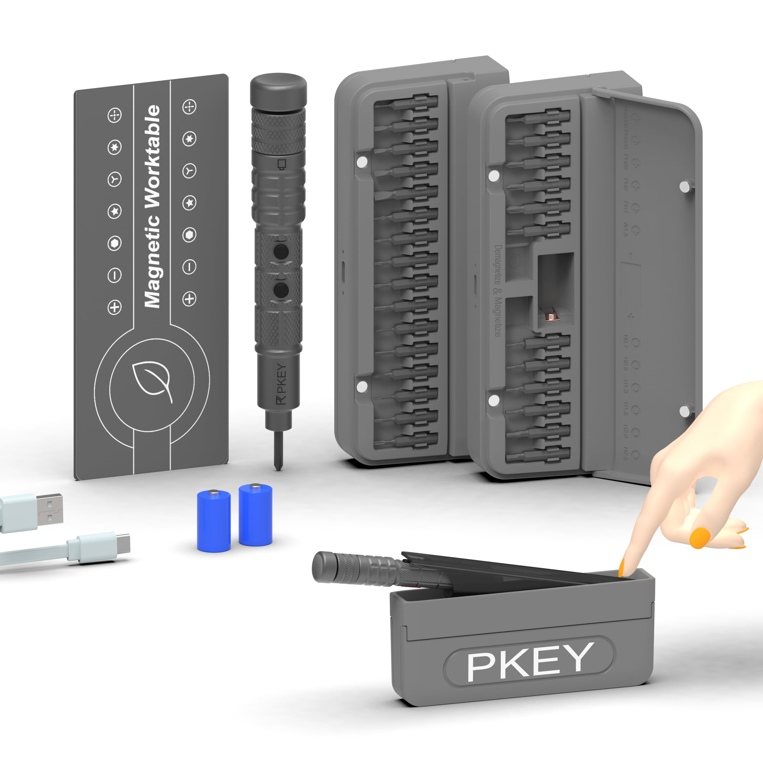 PKEY Cordless Electric Screwdriver Set Mini Electric Screwdriver 28 Magnetic Bits 3 Gears Torque Two batteries Rechargeable Portable