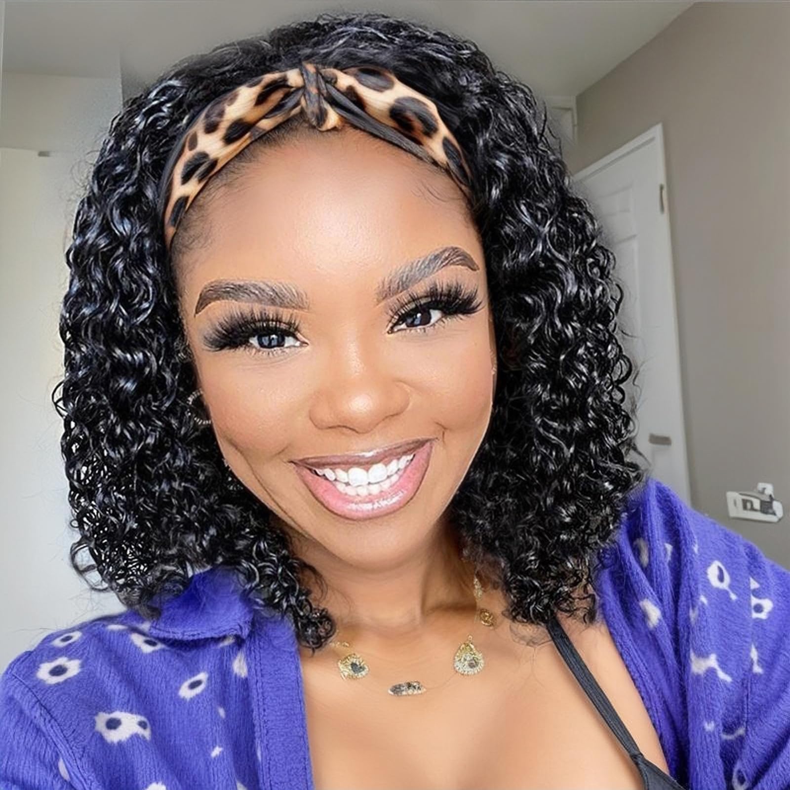 Headband Wig Human Hair Wigs for Black Women Put on and Go Glueless Wig Curly Human Hair Wig Natural Color Headband Wigs Human Hair 10inch