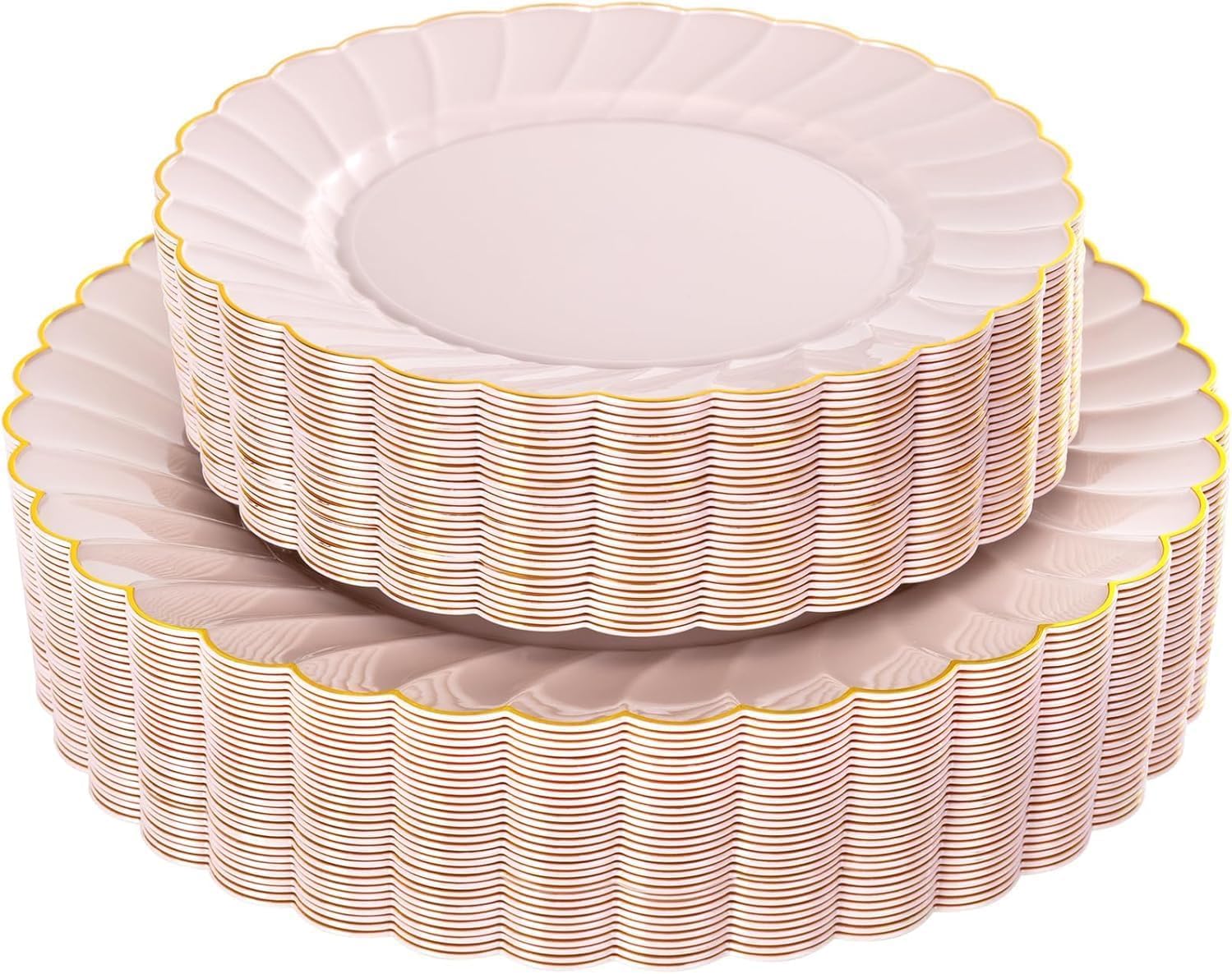 Photo 1 of ***MISSING PIECES -SELLING AS IS*** YOUBET 50PCS Pink Scalloped Plastic Plates - Hard Pink and Gold Fancy Disposable Plates include 30 Gold Dinner Plate, 25 Dessert Plate for Party & Wedding & Baby Shower
