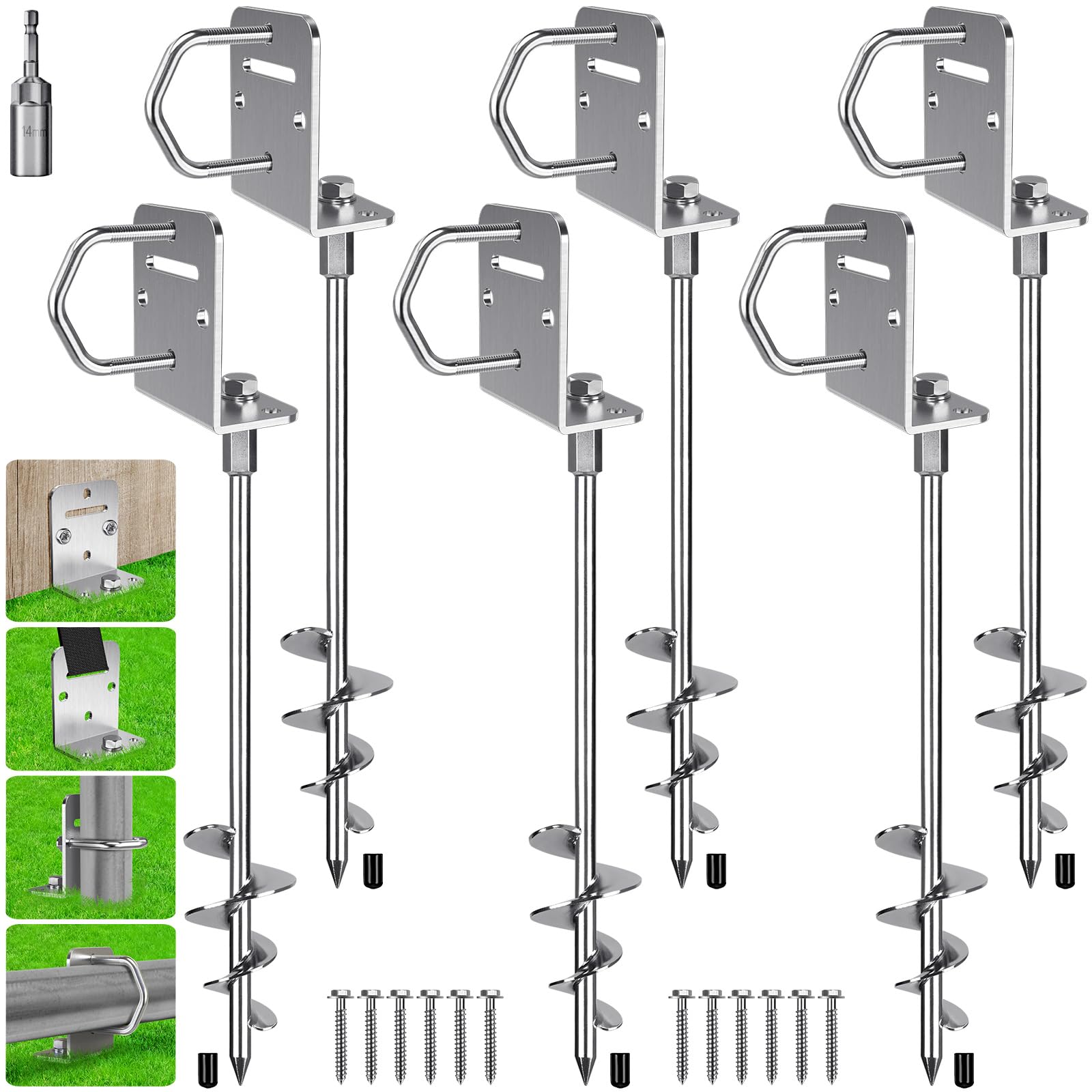 BeneLabel Bodenanker Erdanker, Trampolin Schraubheringe Zeltheringe Erdnägel 7.2cm Spirale 4er Windsturm Klettergerüst Spike für Schaukel/Wohnmobil/Carport/Zaun mit Fester Platte