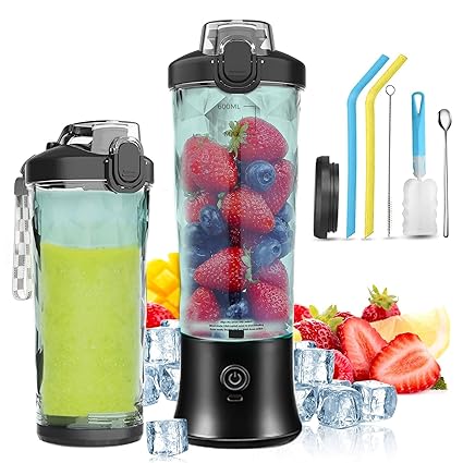 Portable Blender, Personal Blender for Shakes and Smoothies, Mini Blender with 6 Blades USB Rechargeable, 20 Oz To-Go Cups and Spout Lids for Frozen Blending, Kitchen, Home, Travel, BPA-Free