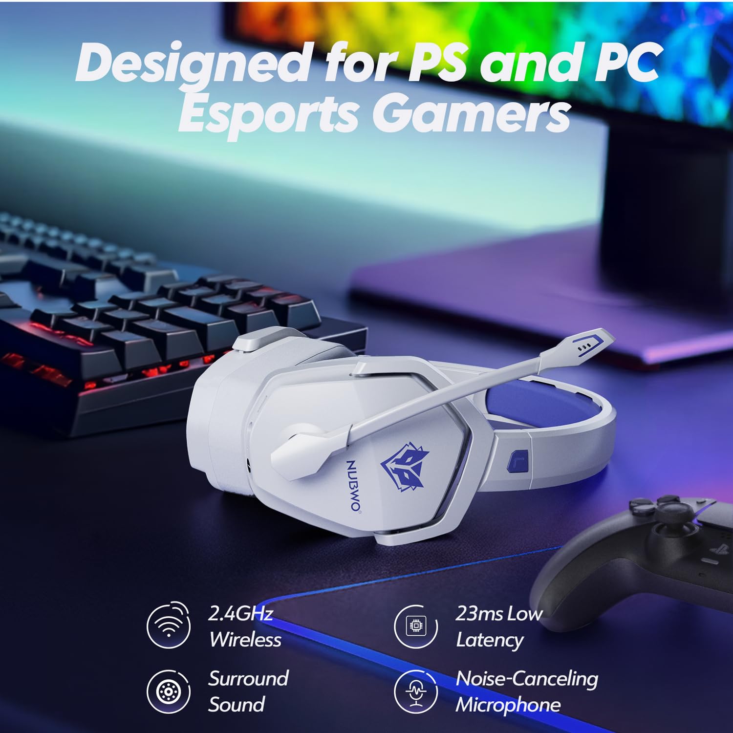 NUBWO G06 Cuffie Gaming Wireless per PC/Ps5/Ps4/NS,2,4GHz+5.3 Bluetooth,Cuffie Wireless con Microfono 7.1 Qualità Audio Senza Perdita di Bassa Latenza,Durata di Oltre 100+ Ore - Bianco/Blue