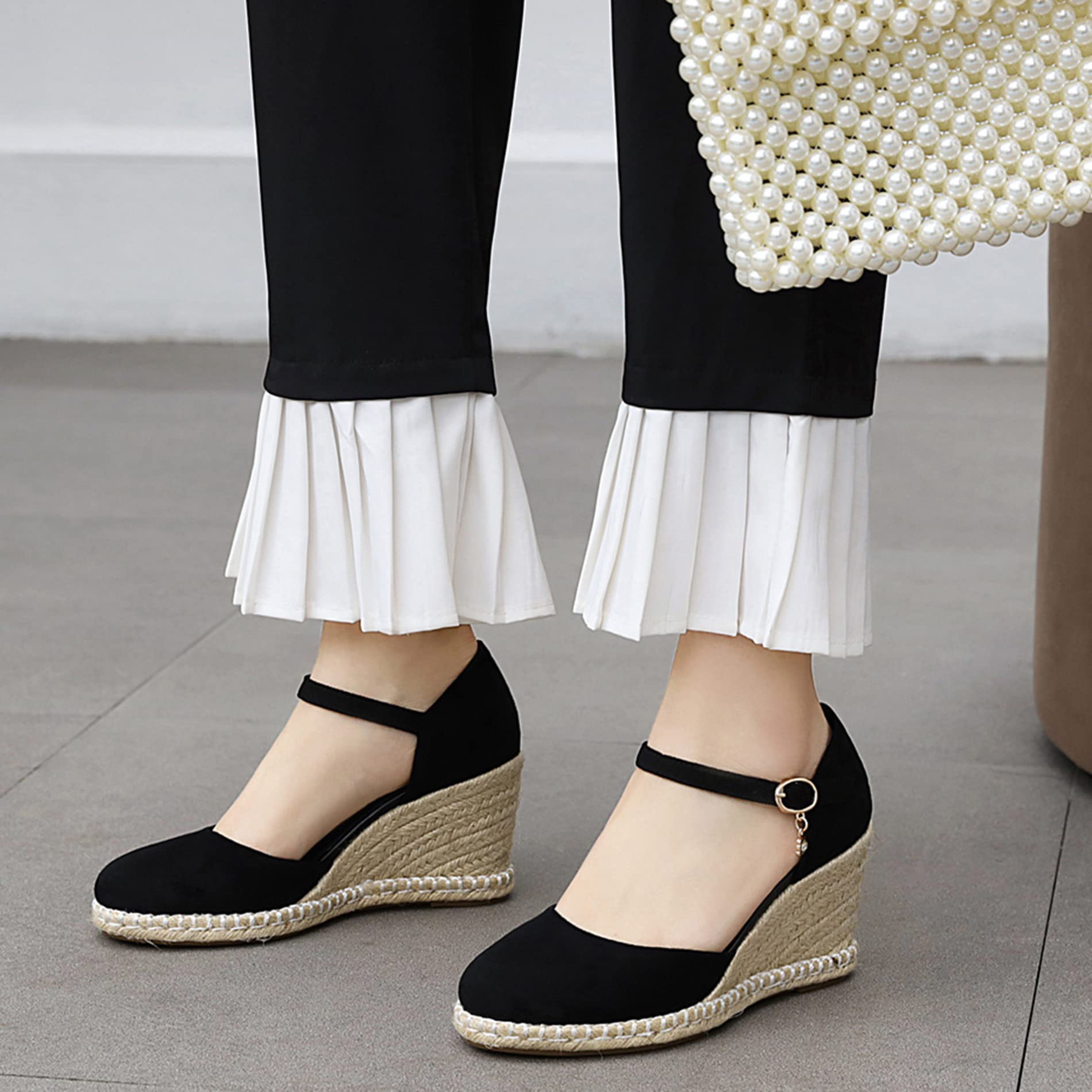 Espadrille con Tacco Alto Donna, Sandali Punta Rotonda Eleganti Zeppa Scarpe da Sera con Plateau Fibbia con Cinturino Alla Caviglia Bow, Numero 31-44