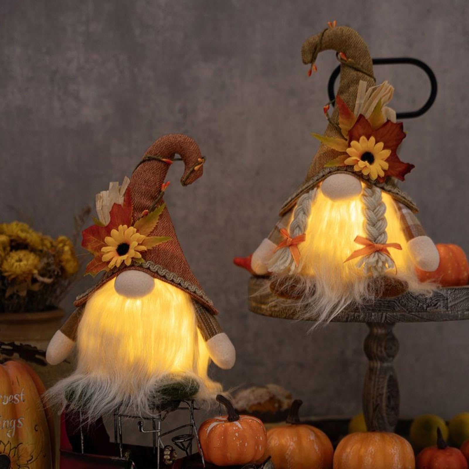 Déco Automne Gnome Lumineux - 2 Lutins Peluche Avec LED, Pour Thanksgiving, Halloween, Noël
