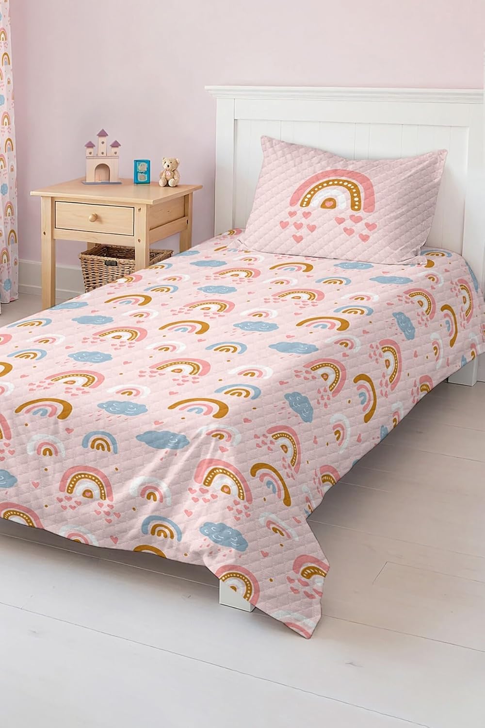 SODEF Bedding Set Twin Size Sky and Rainbow Pattern Pastel Pink Kids Quilt Set, Includes 1 Quilt Cover and 1 Pillowcase, Multicolor - Multicolor, One Size