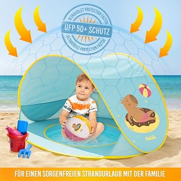 Chillife Beach Shelter Pop Up Set Portable Beach Tent with UV Protection and Wind Protection Water Polo Integrated Sandpit Pool Storage Pockets Zip Window for 2 People