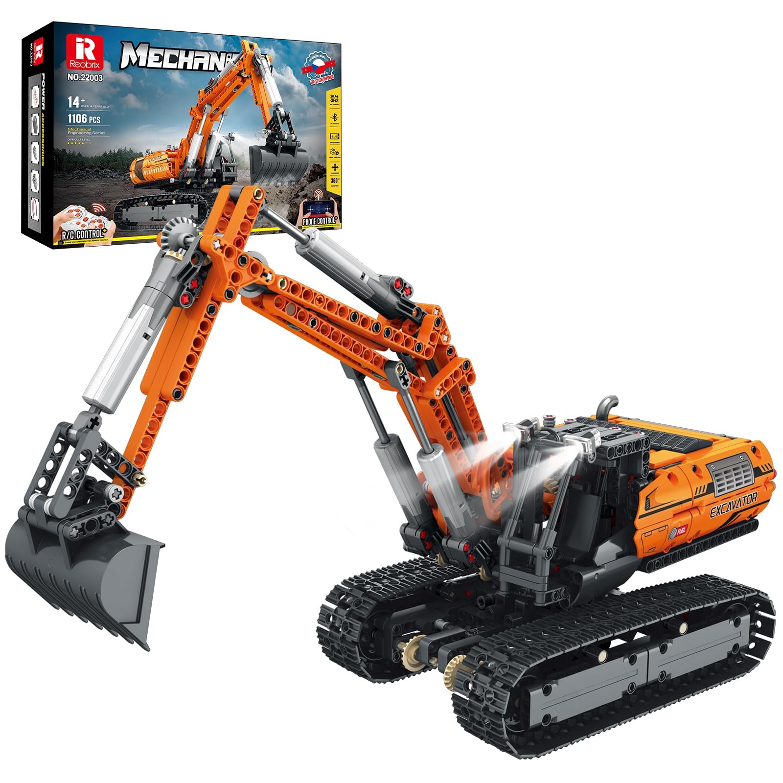 Reobrix Juego de construcción de excavadora RC, modelo de excavadora de control remoto con motor, juguetes de construcción de camiones para niños 22003, bloques de construcción de vehículos, juguetes