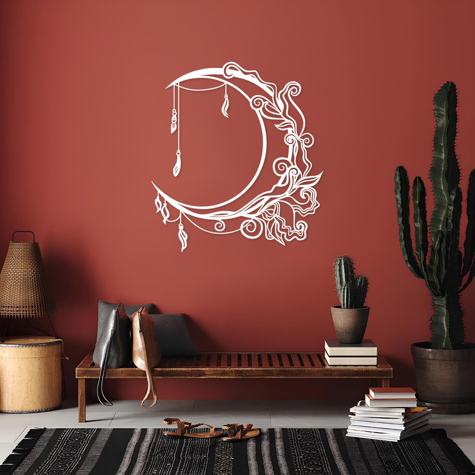 Arte de Pared Bohemio Floral con Luna Negra de Metal, decoración de Pared con Fases celestiales de Metal, Escultura Moderna de Arte Bohemio Floral con Luna para Sala de Estar, Pasillo y esca