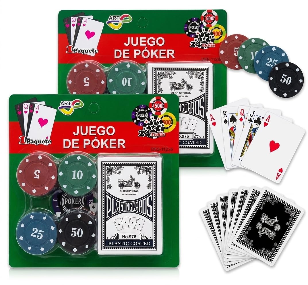 Mini Set de Póker Pack 2 Unidades - 2 Barajas + 48 Fichas Total - Set Introductorio Compacto para Familia, Viaje, Camping, Cumpleaños y Regalo - Aprende a Jugar Póker, Texas Holdem y Blackjack