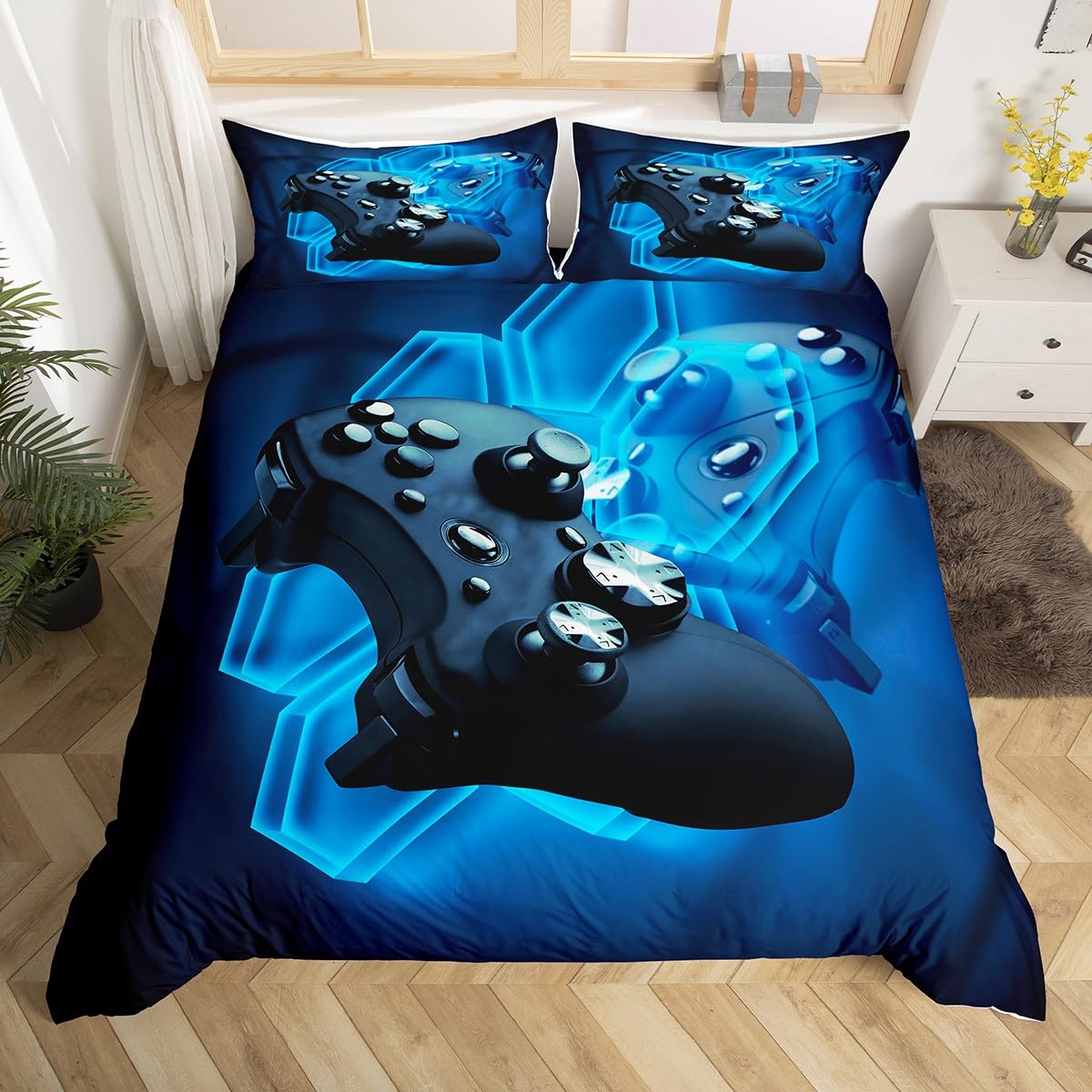 Gamepad Duvet Cover Boys Video Game Bedding Set Super King For Kids Teens Children Bedroom Decor Modern Gamer Gaming Controller Comforter Cover Soft Youth Games Blue Hexagon Geometric Bedspread Cover — image 1