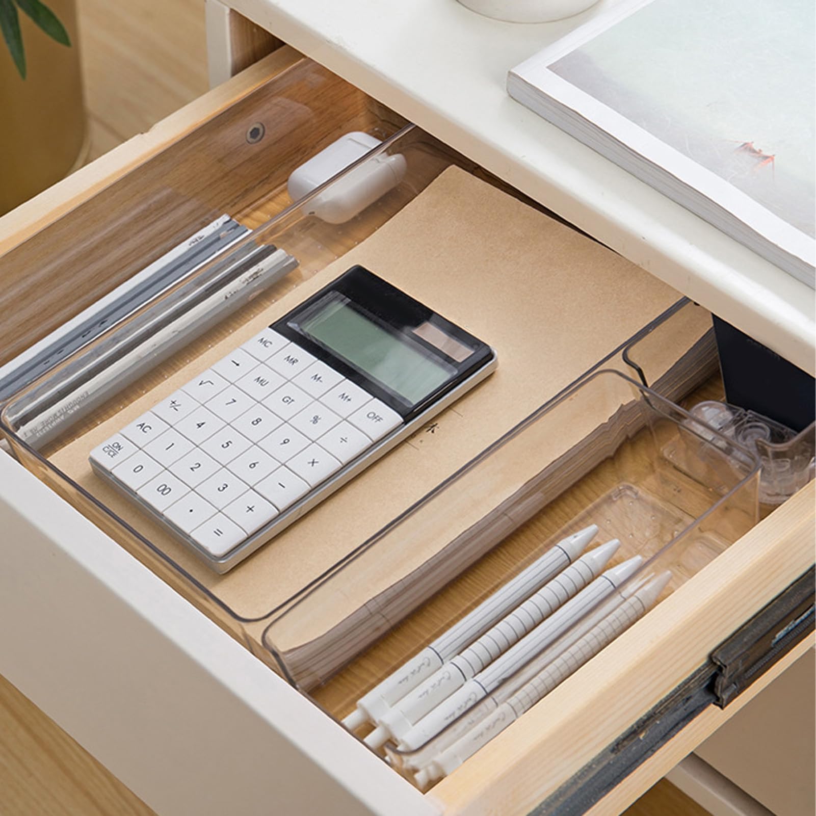 Set di scatole portaoggetti da scrivania, organizer trasparente per cassetti, contenitori impilabili antiscivolo, set di organizer per trucchi, bagno, cucina e ufficio