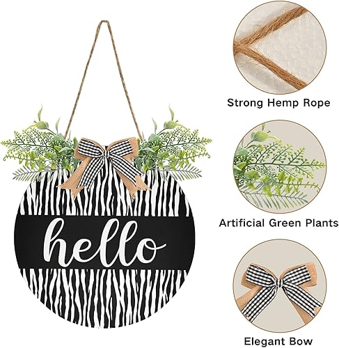 Miniatura 2 de Emelivor Letrero de bienvenida con diseño de cebra a rayas para puerta delantera, corona de bienvenida con lazo colgante de porche para otoño, casa