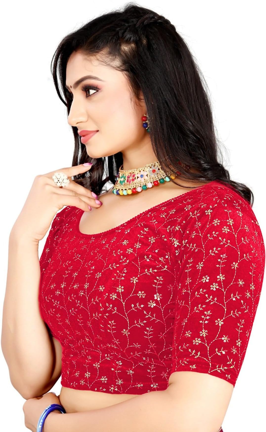 PU Fashion Blouse Stylish Golden Embroidery Work Blouse Stretchable Velvet Blouse New 2024 Collection Women's Saree Blouse