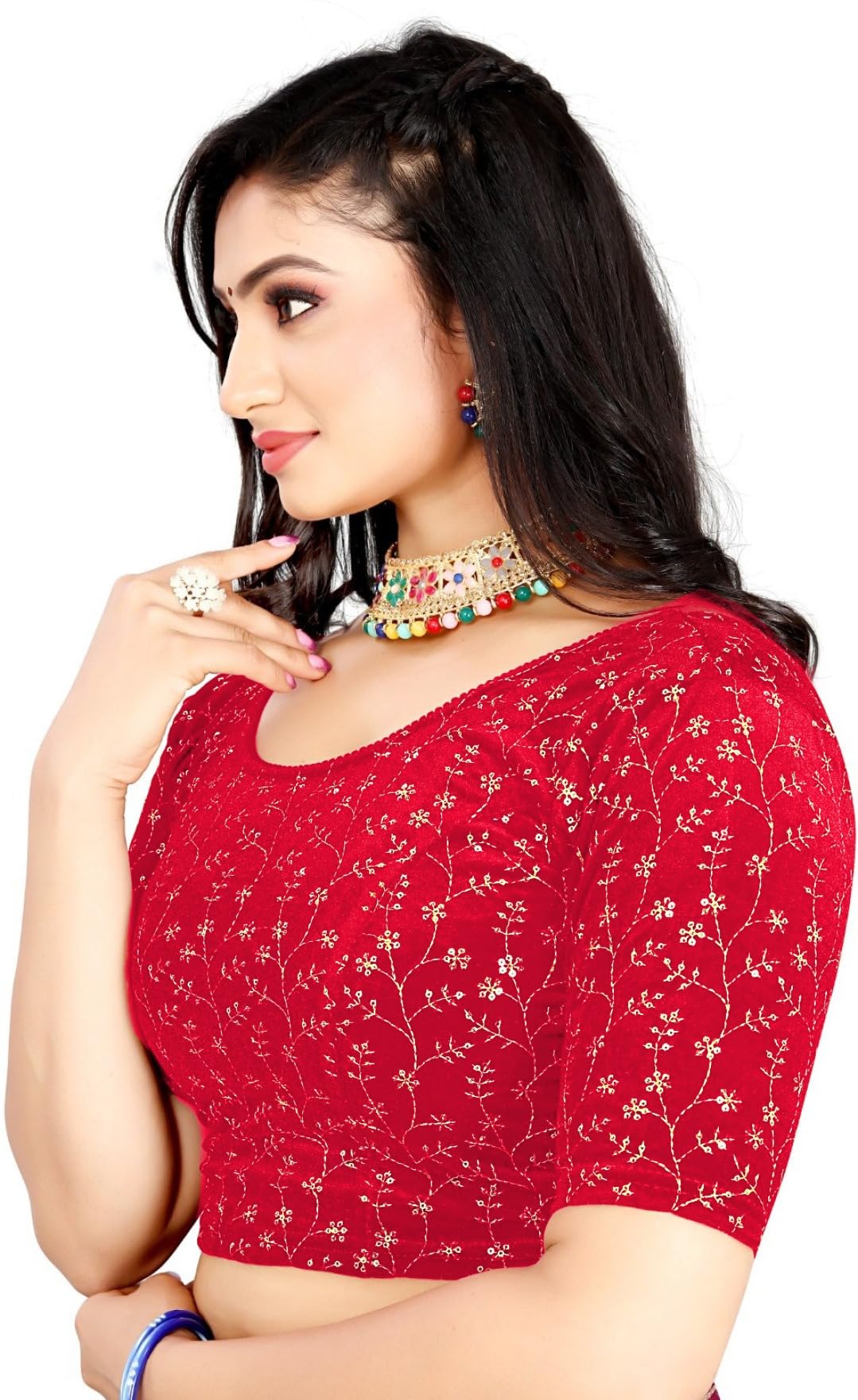 PU Fashion Blouse Stylish Golden Embroidery Work Blouse Stretchable Velvet Blouse New 2024 Collection Women's Saree Blouse