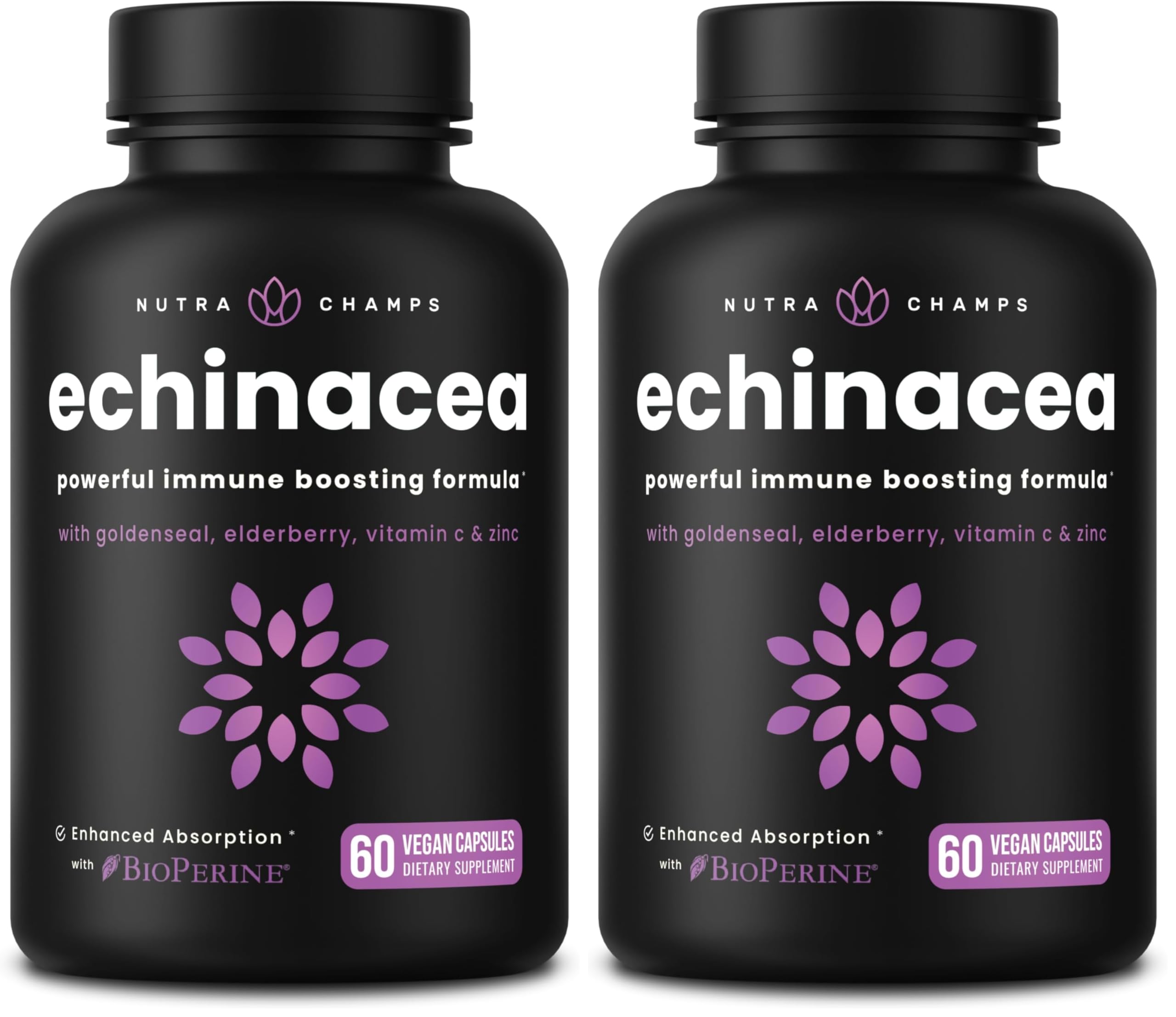 NutraChamps Echinacea Capsules 1000mg - 8-in-1 Immune Support Supplement - Echinacea Goldenseal, Vitamin C, Zinc, Ginger, Elderberry - 60 Capsules (Pack of 2) 60 Count (Pack of 2)