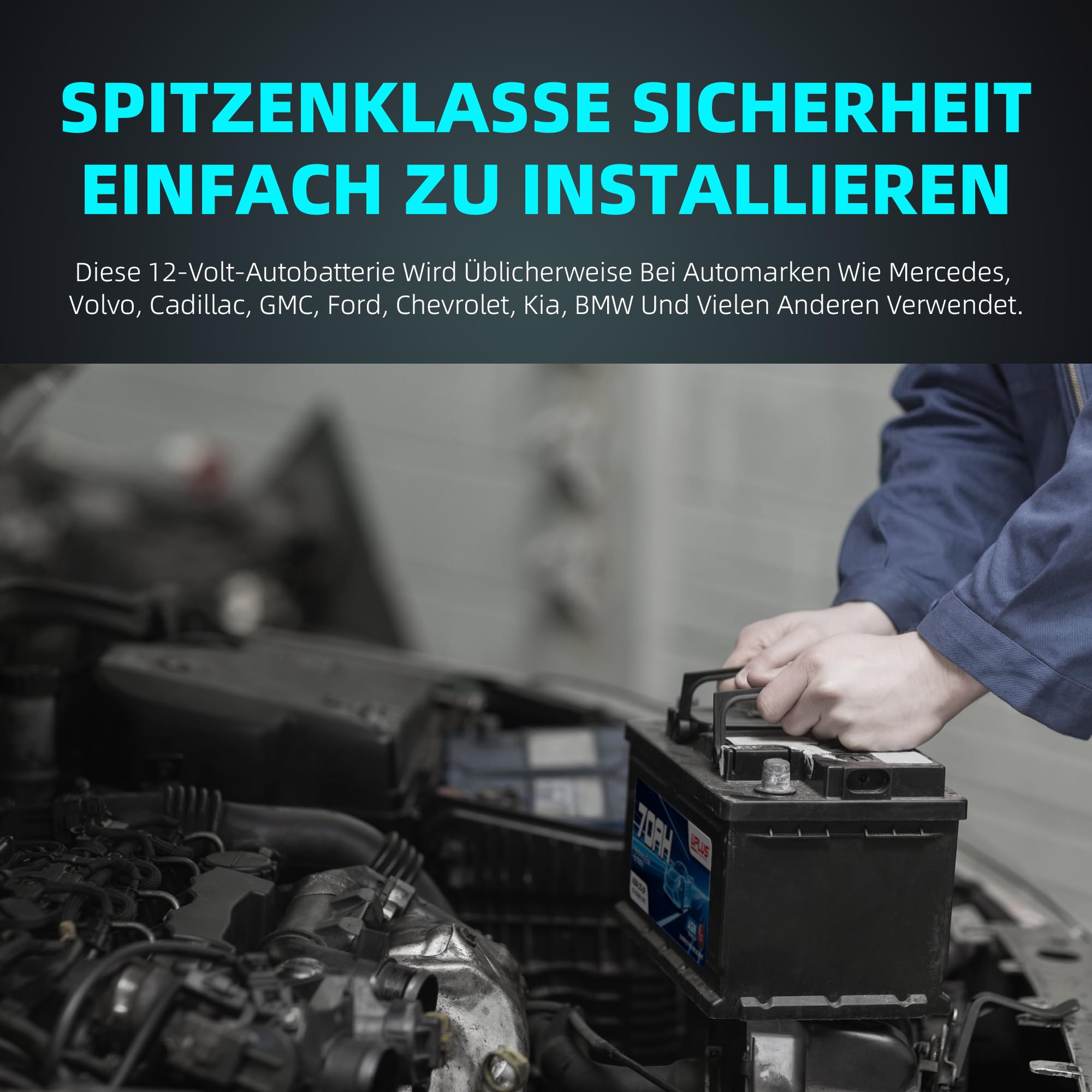 UPLUS 12V 70Ah 760A(EN) AGM Start-Stop Autobatterie AGM-L70-UP | Links: - Rechts: +, wartungsfrei, für Start-Stopp-Fahrzeuge. 278L×175B×190H(mm), vor Kauf Maße prüfen