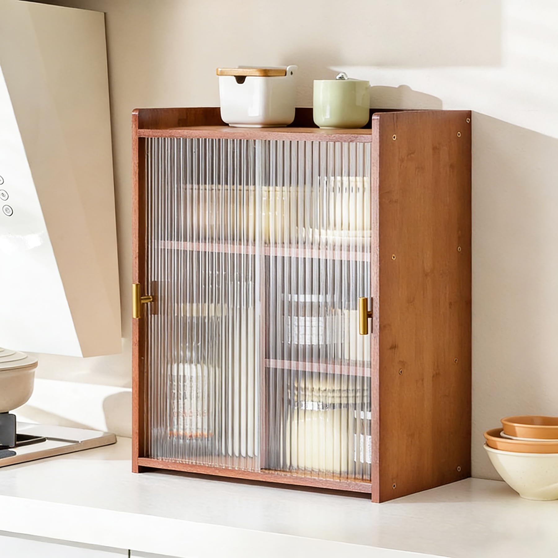 BHGFYXBS Kitchen Sto Cabinet With Sliding Doors 16.5 20.5In Double Layer Bread Box Freestanding For Pantry Brown 42Cm Slish Countertop Solut,Brown-42Cm,Brown-42cm