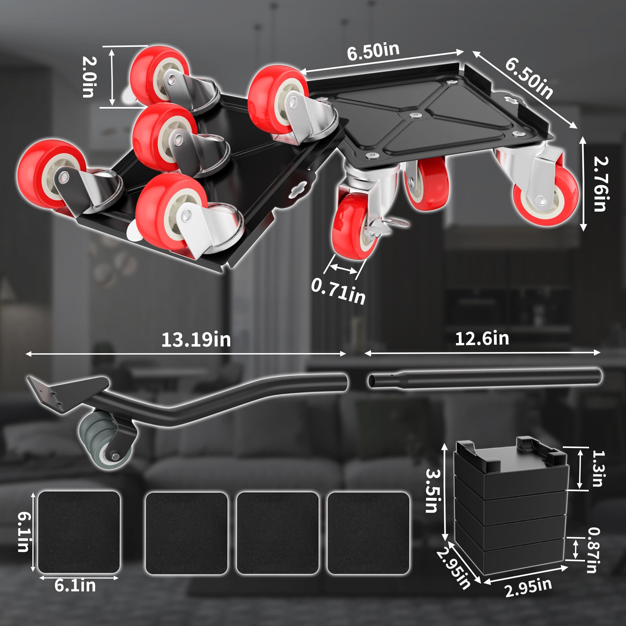 Möbel Transportrollen Set, 5 Räder, 3000 Ibs Maximale Tragkraft, 360 Grad Drehbares, Leises Rad mit Bremsen, Möbelroller - Zum Mühelosen Verschieben von Möbeln. (6.3 IN - 5 Wheels, Rot)