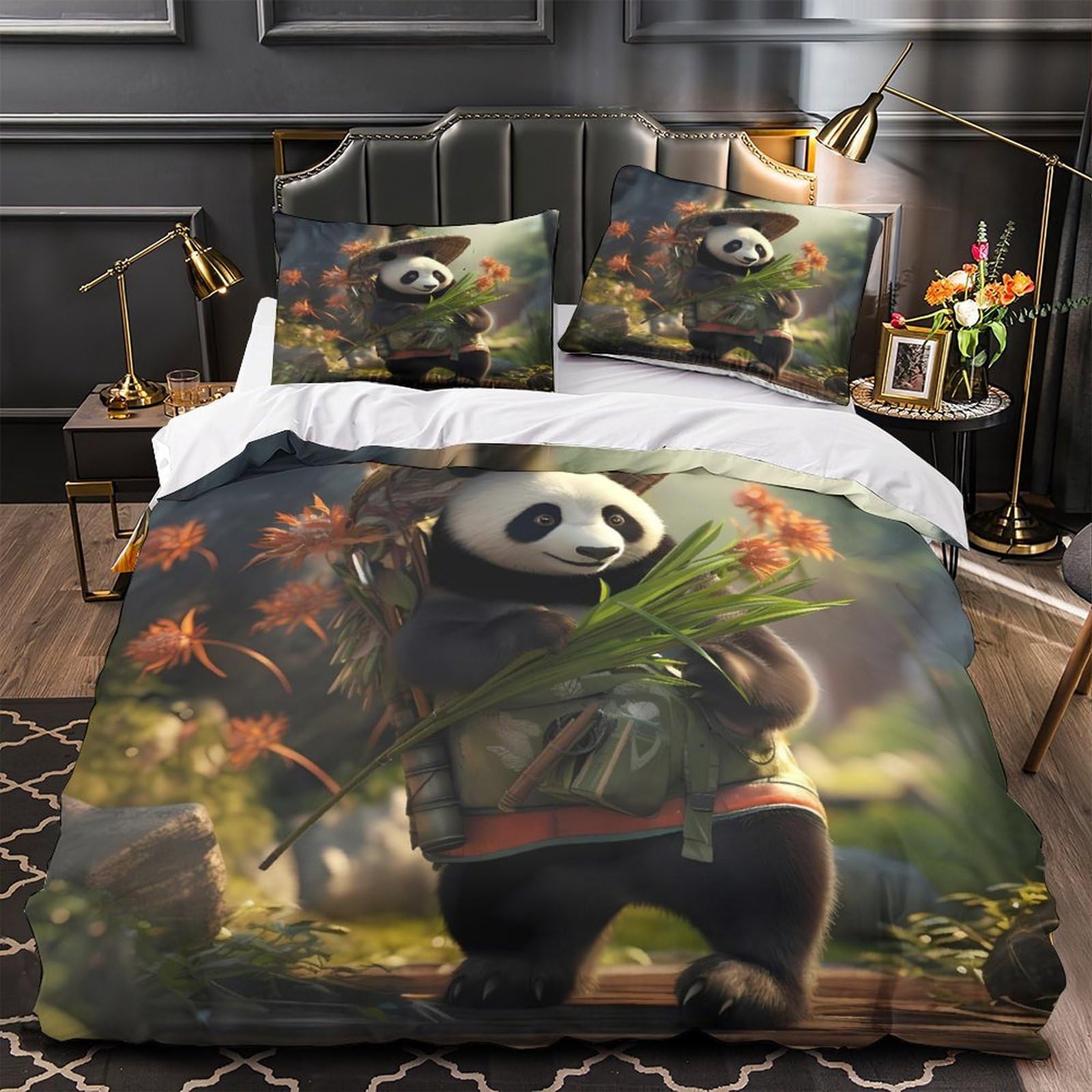 Housse de couette microfibre résistante et taie d'oreiller lit enfant imprimé panda 200x200